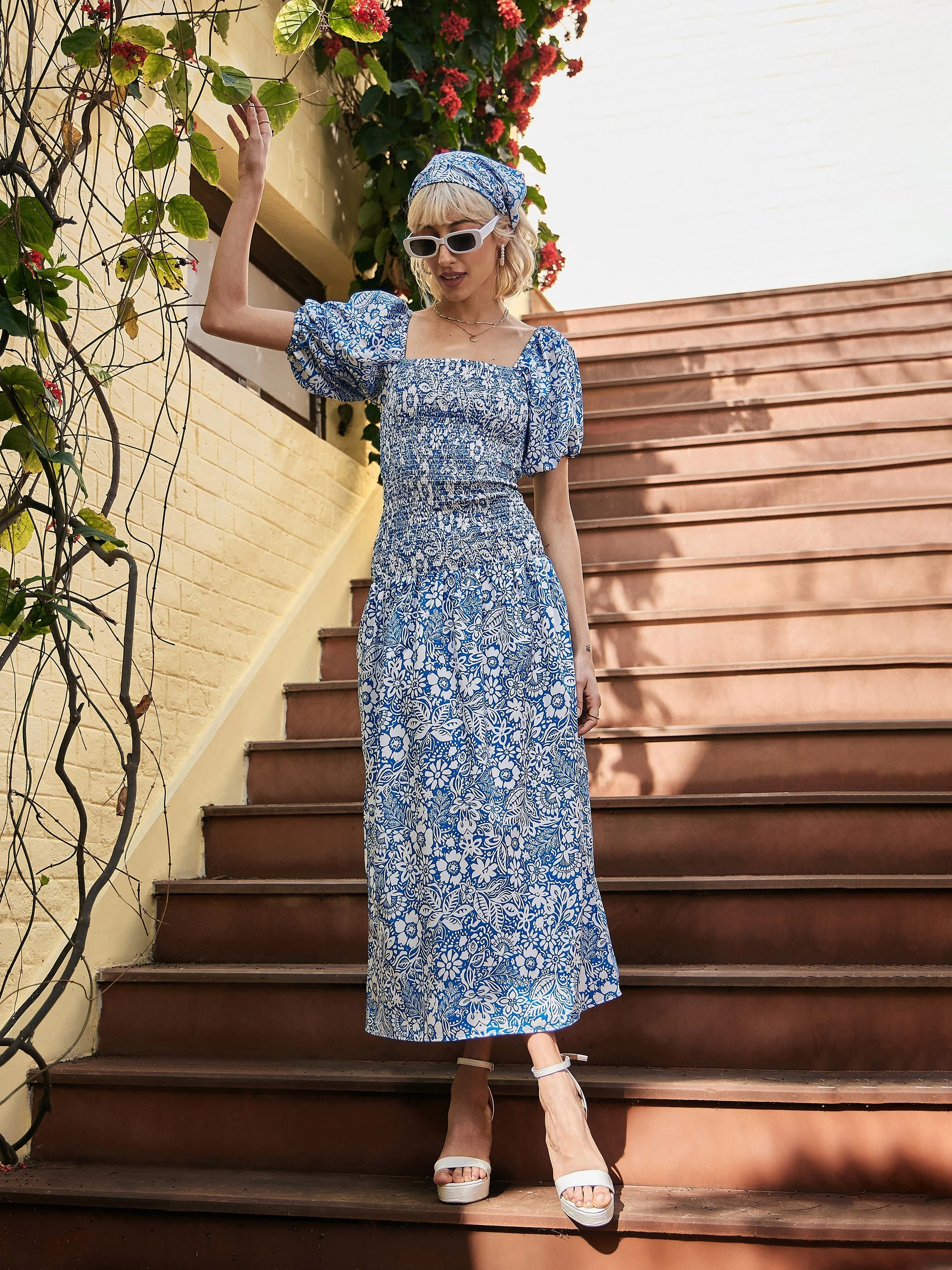 Women Blue Floral Smocked Midi Dress - Image 2