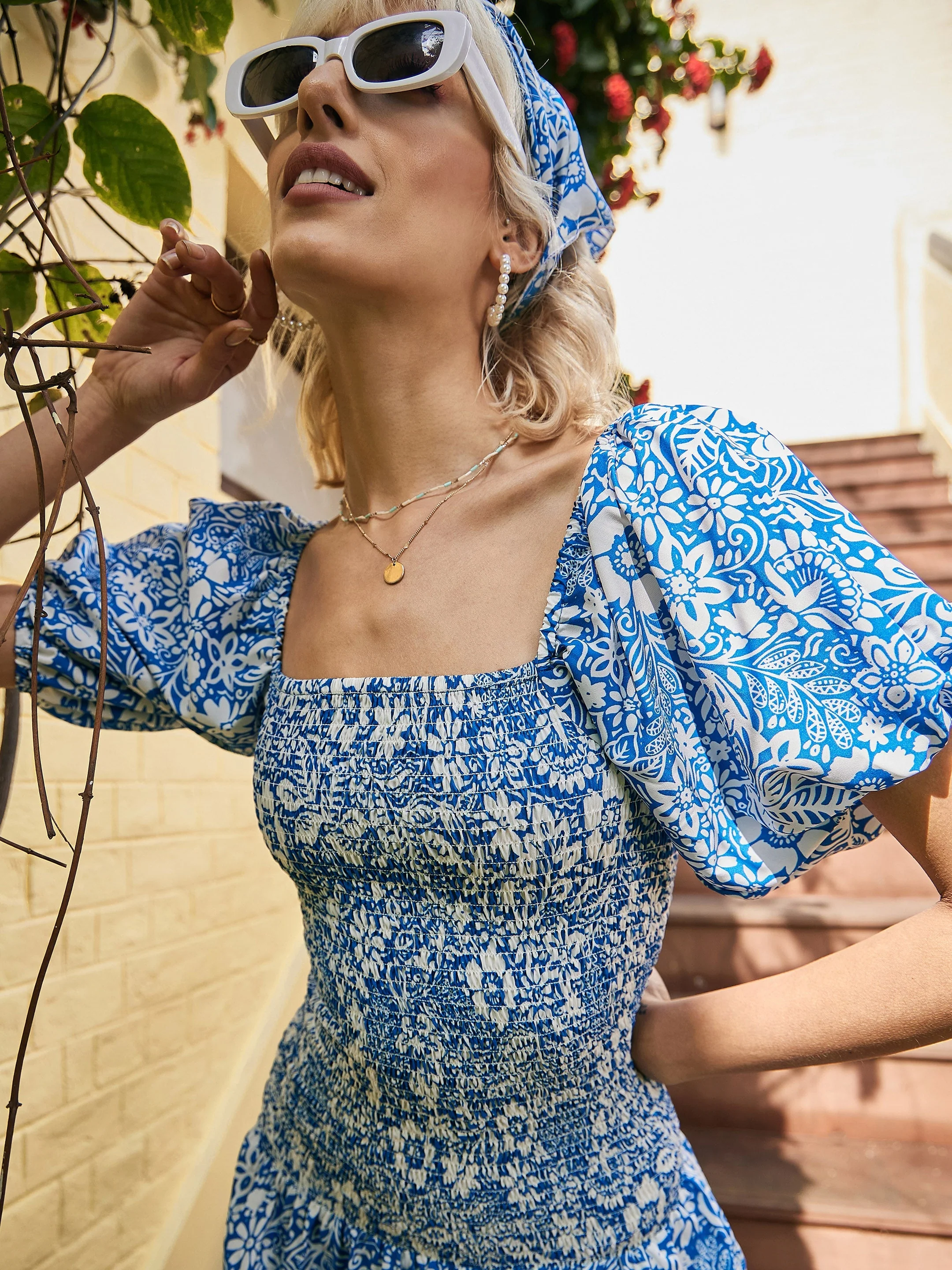 Women Blue Floral Smocked Midi Dress - Image 5