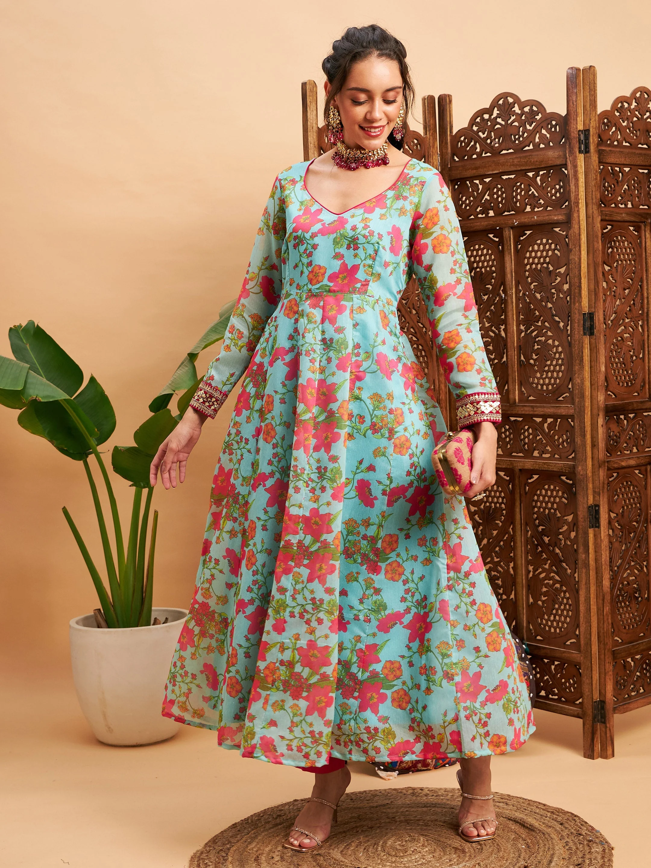 Women Blue Floral Sweatheart Neck Anarkali Maxi Kurta - Image 2