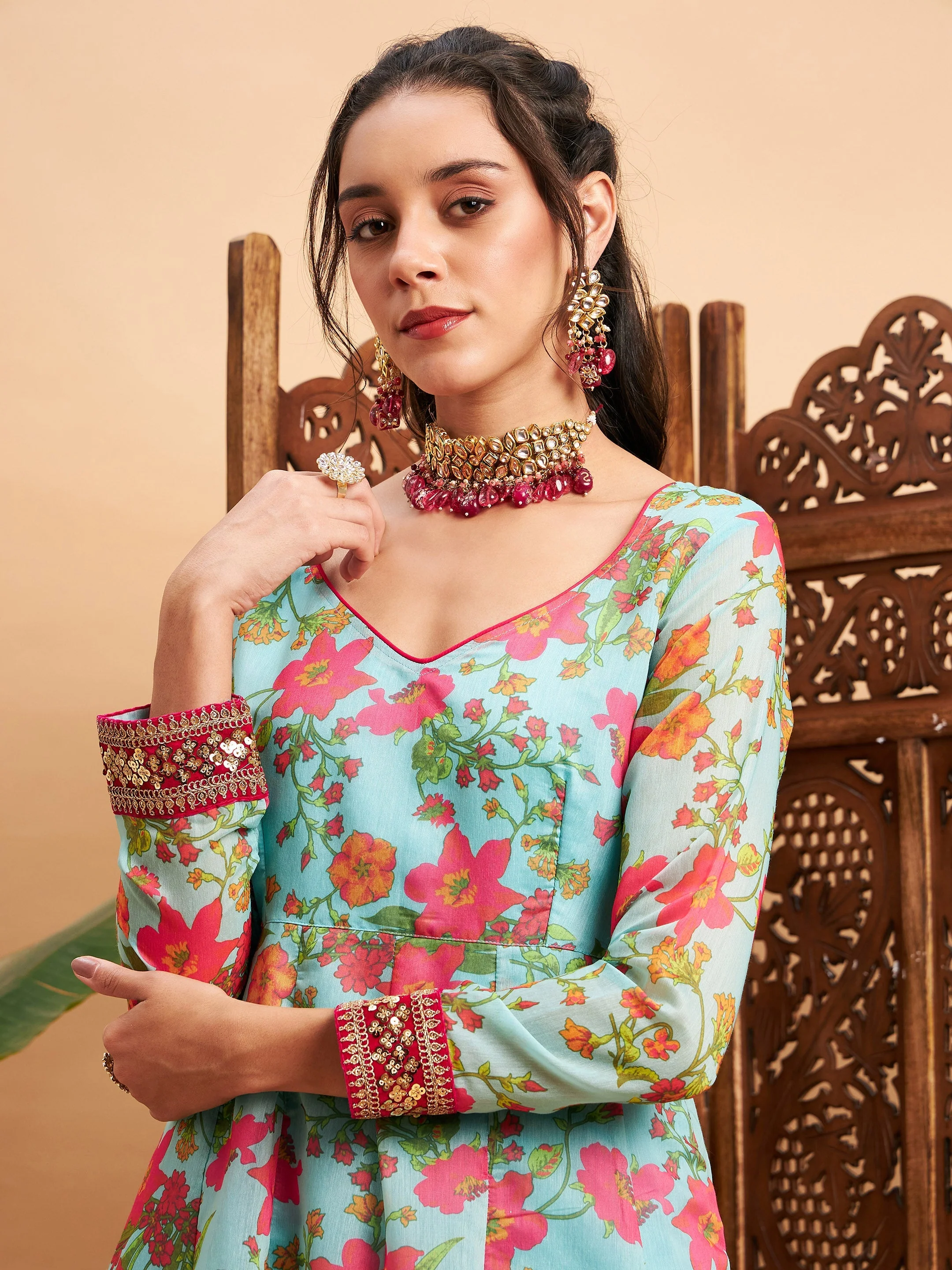 Women Blue Floral Sweatheart Neck Anarkali Maxi Kurta - Image 4