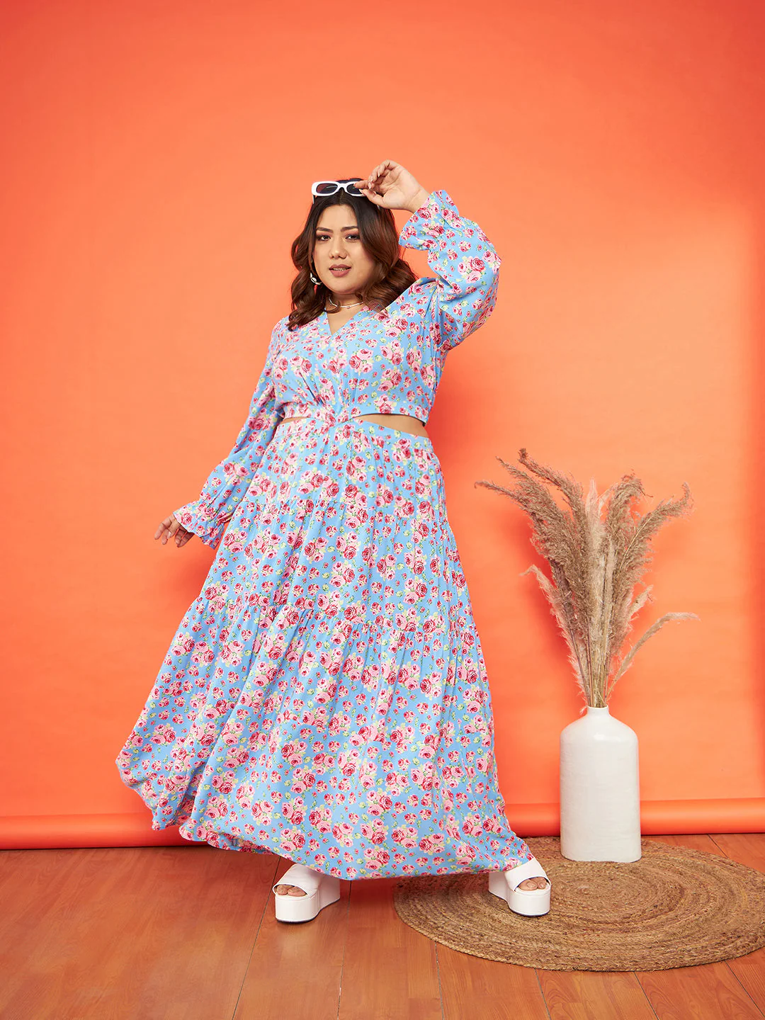 Women Blue Floral Waist Cut-Out Maxi Dress - Image 2