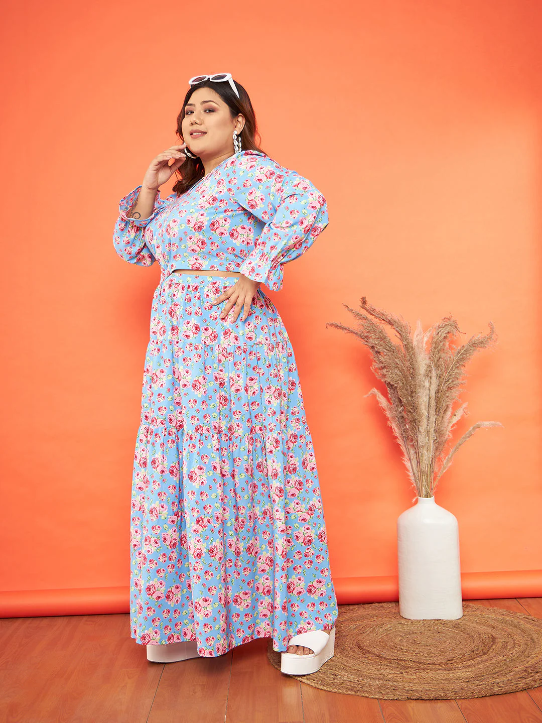 Women Blue Floral Waist Cut-Out Maxi Dress - Image 3