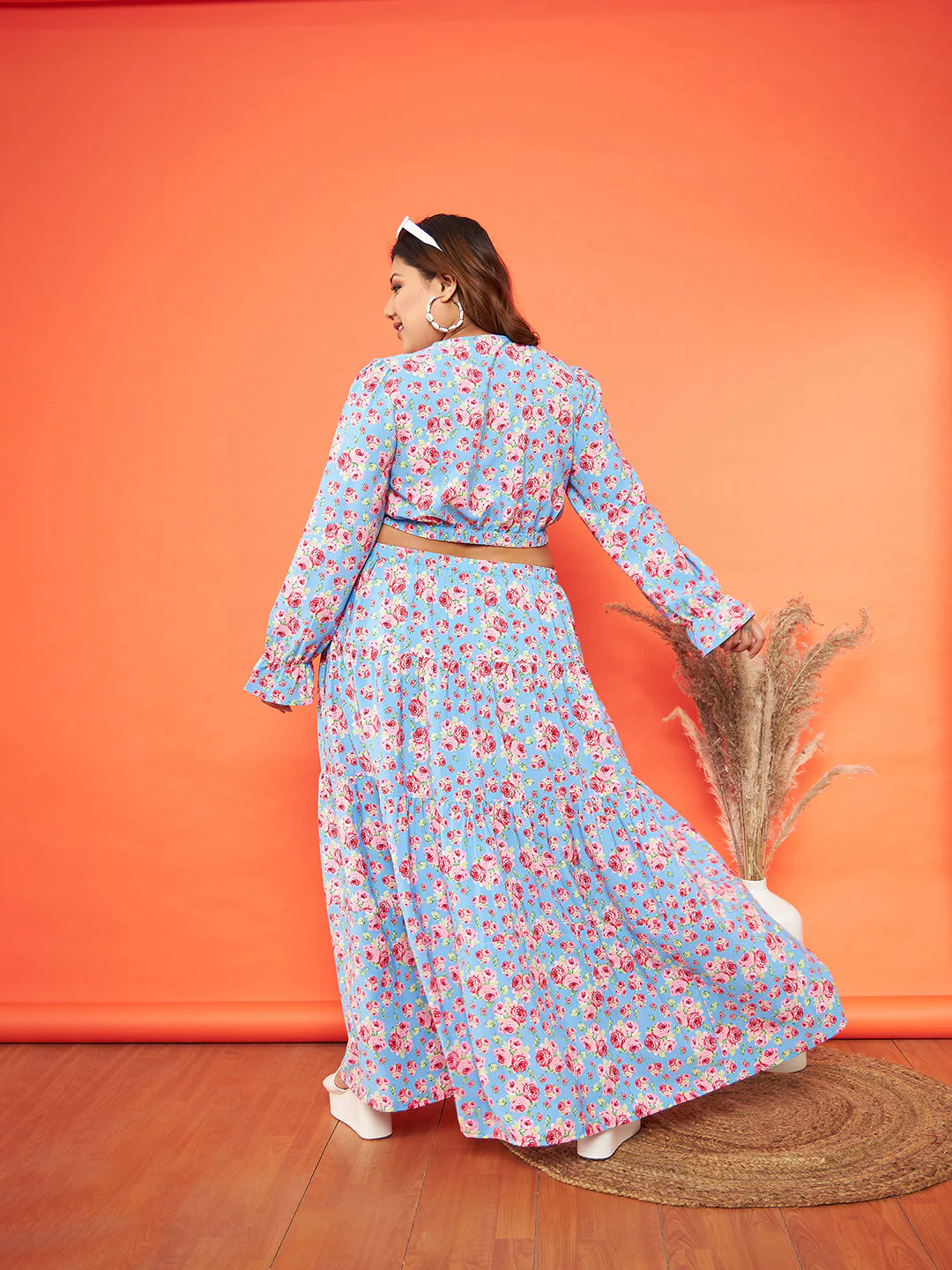 Women Blue Floral Waist Cut-Out Maxi Dress - Image 5