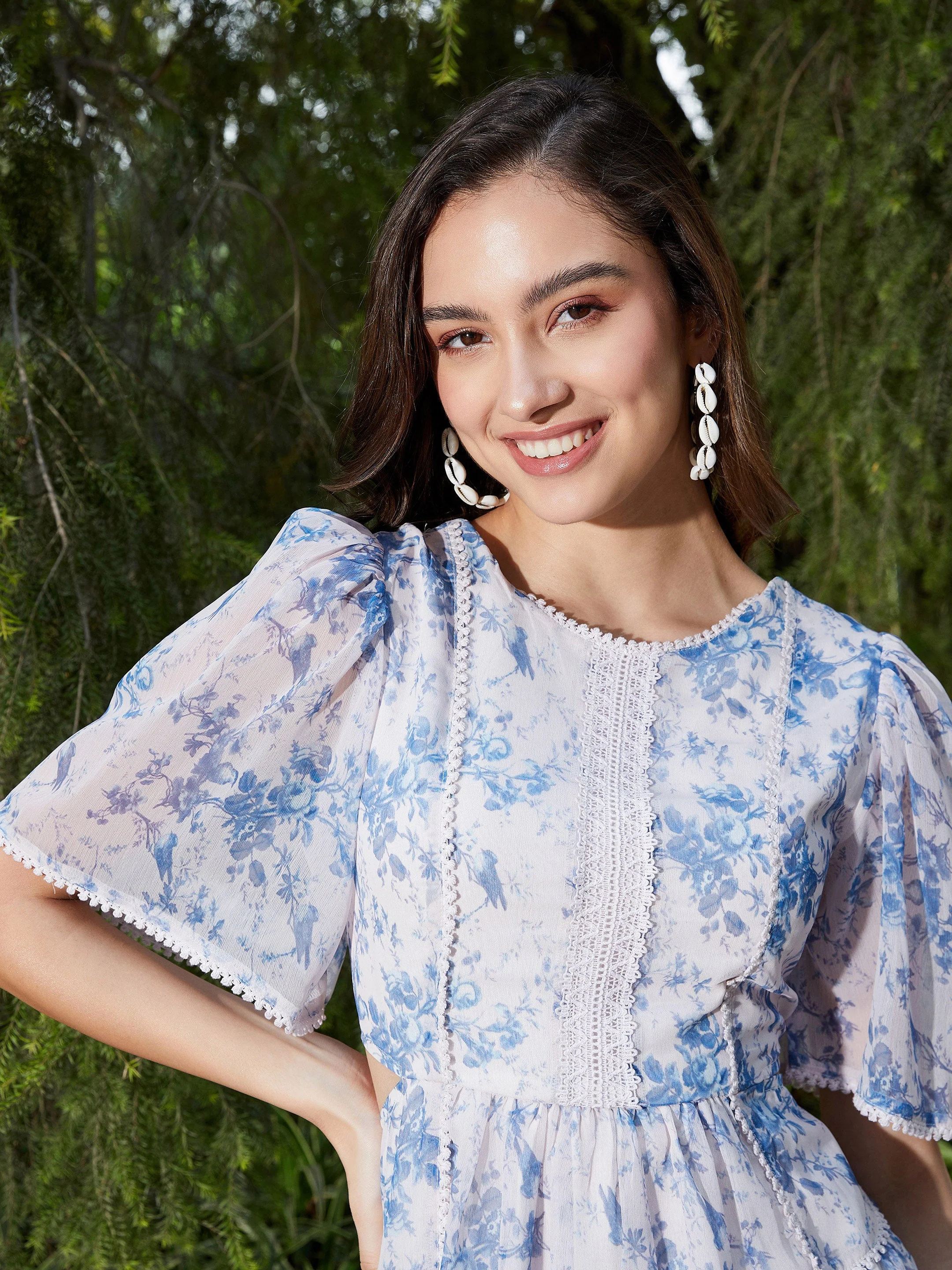 Women Blue Floral Waist Cut Out Skater Dress - Image 3