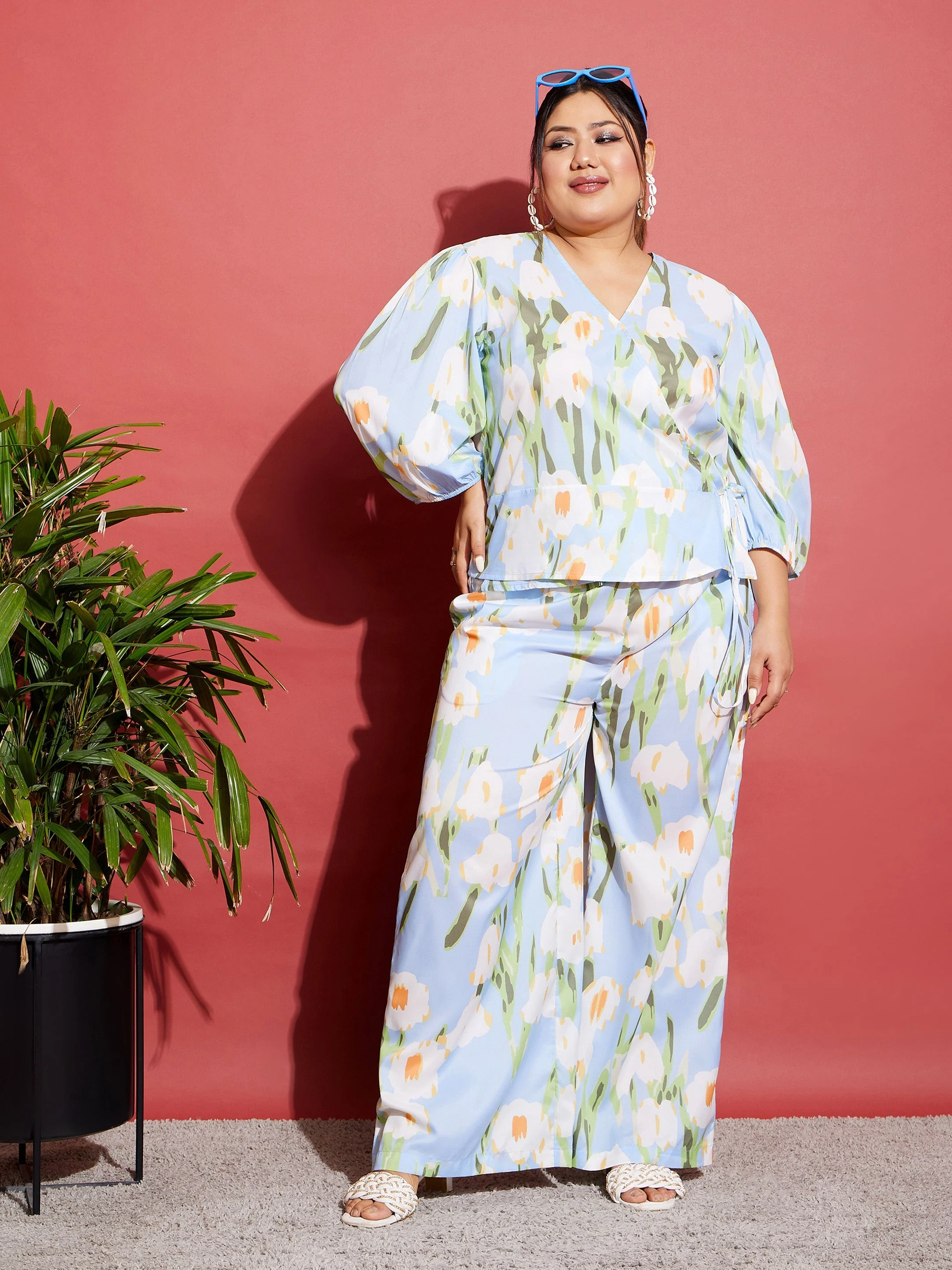 Women Blue Floral Wrap Top With Straight Pants - Image 2