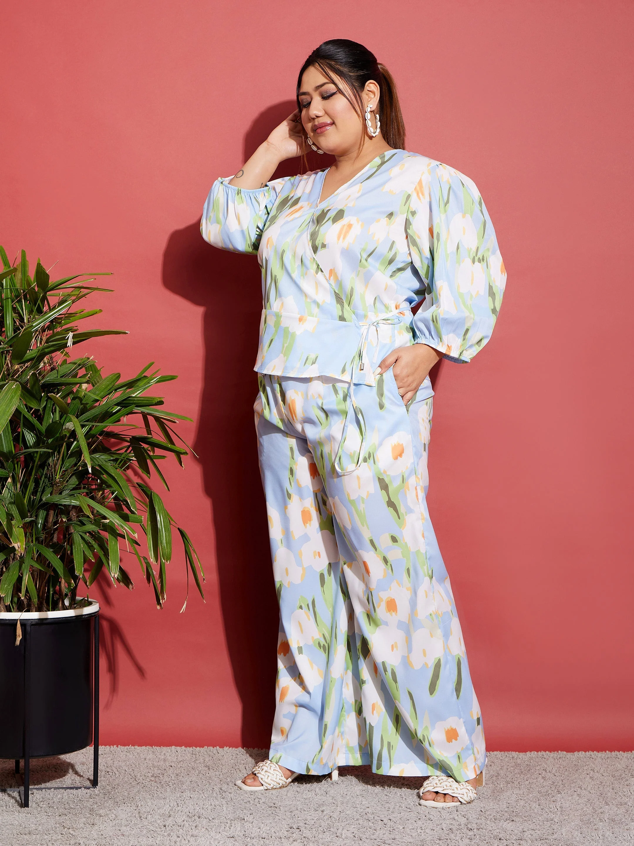 Women Blue Floral Wrap Top With Straight Pants - Image 3