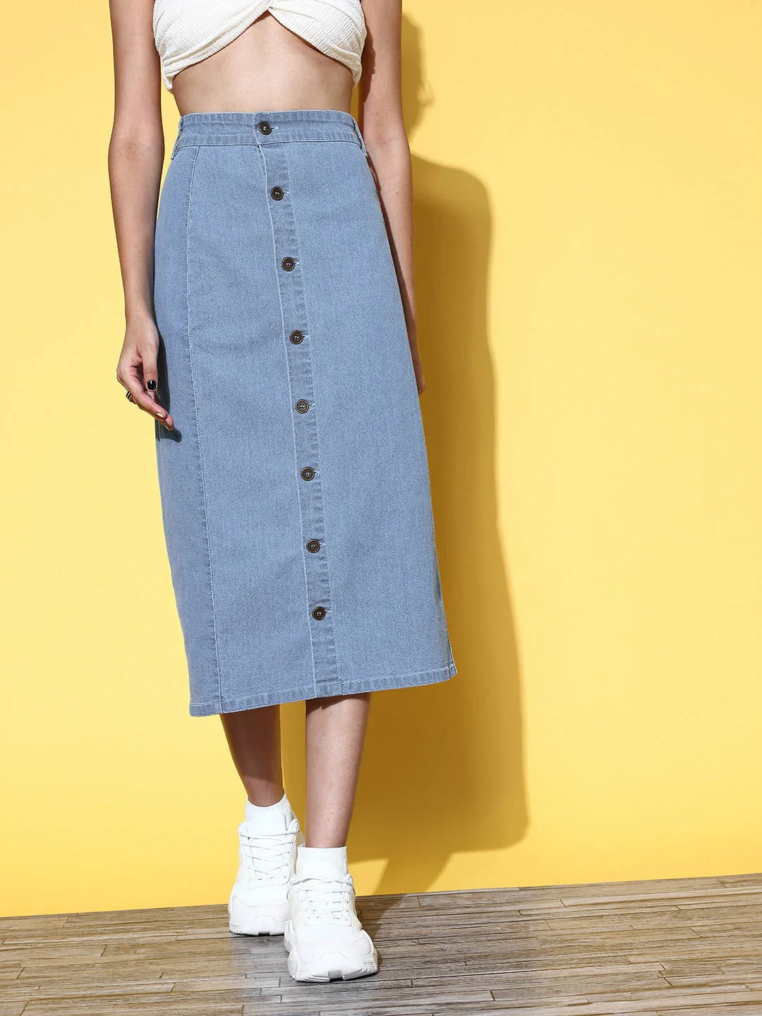 Women Blue Front Button Midi Denim Skirt - Image 2