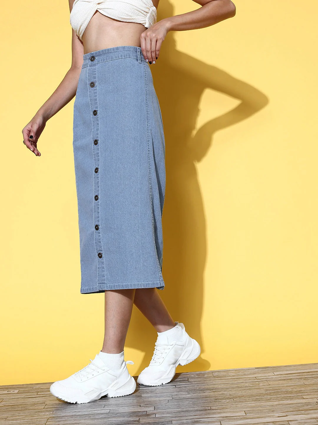 Women Blue Front Button Midi Denim Skirt - Image 3