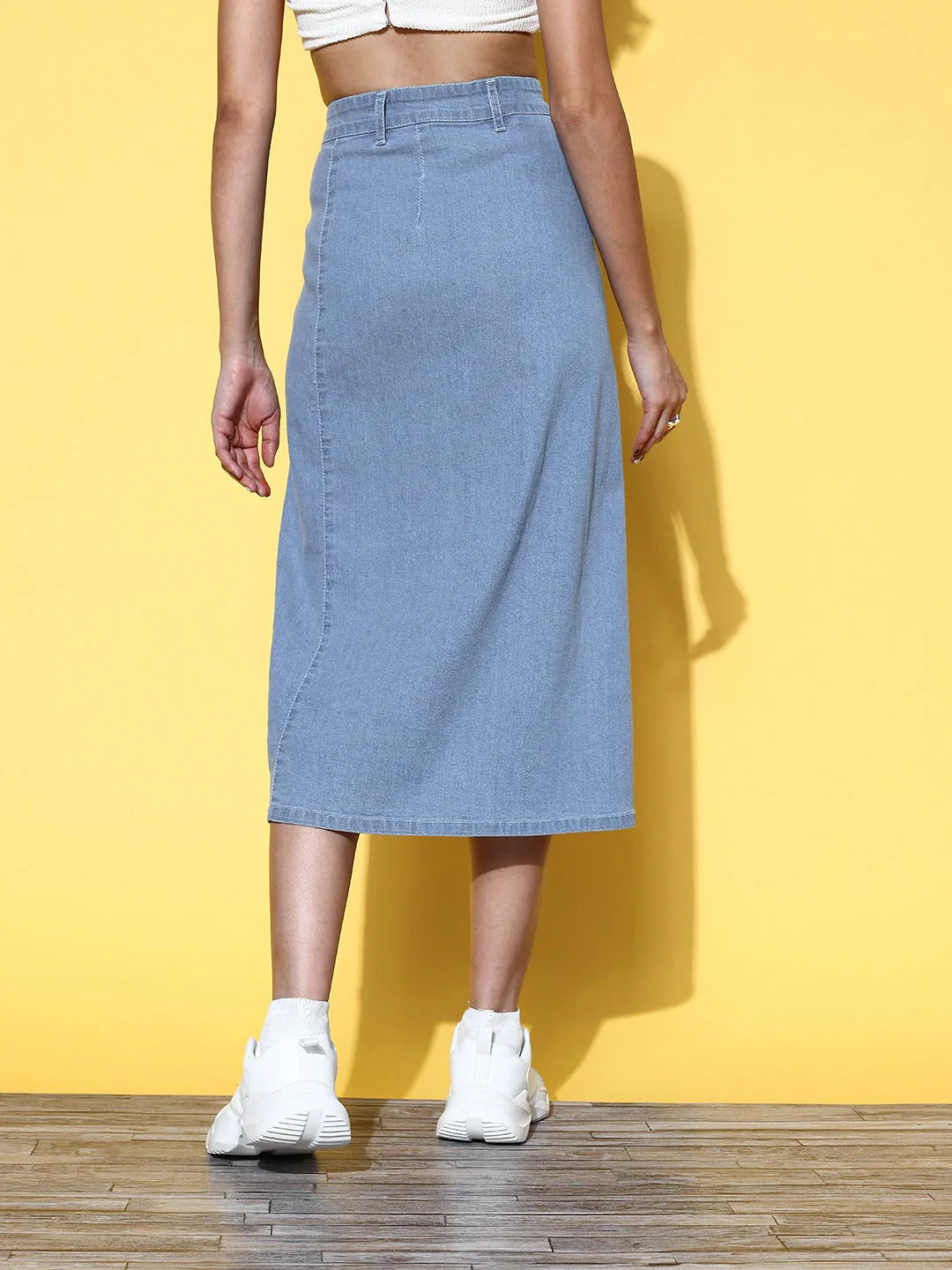 Women Blue Front Button Midi Denim Skirt - Image 4