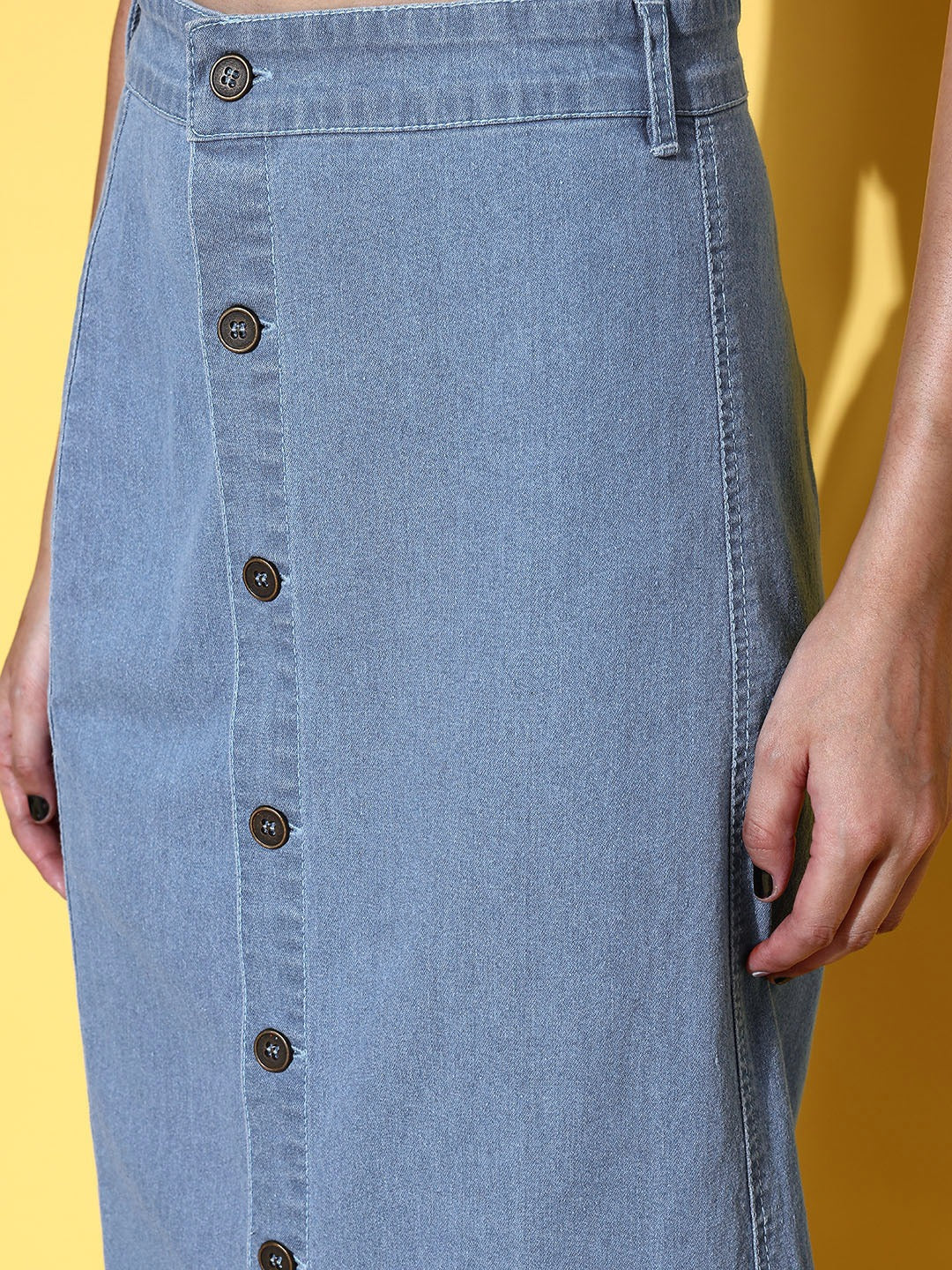 Women Blue Front Button Midi Denim Skirt - Image 5