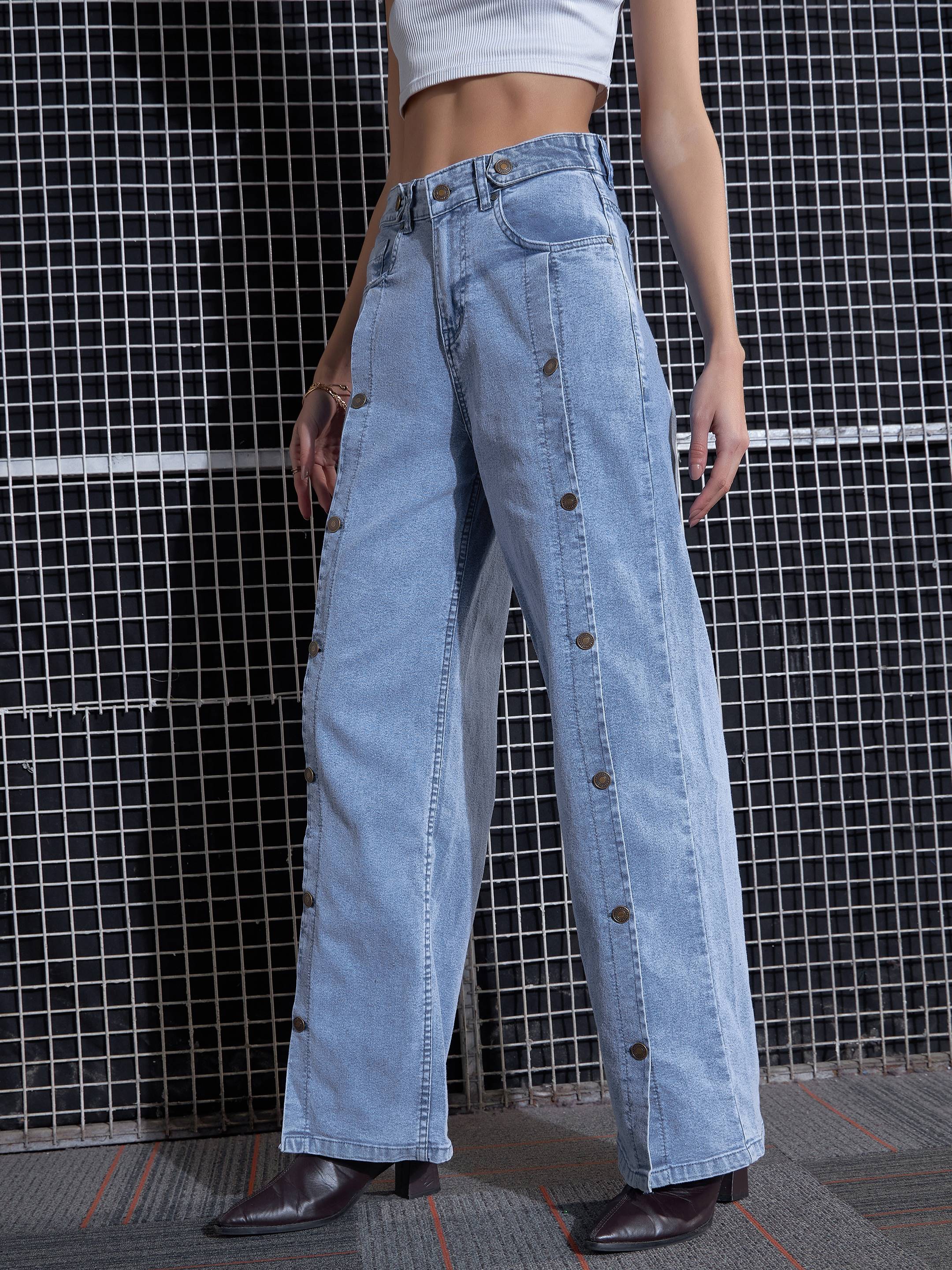 Women Blue Front Button Straight Jeans - Image 3