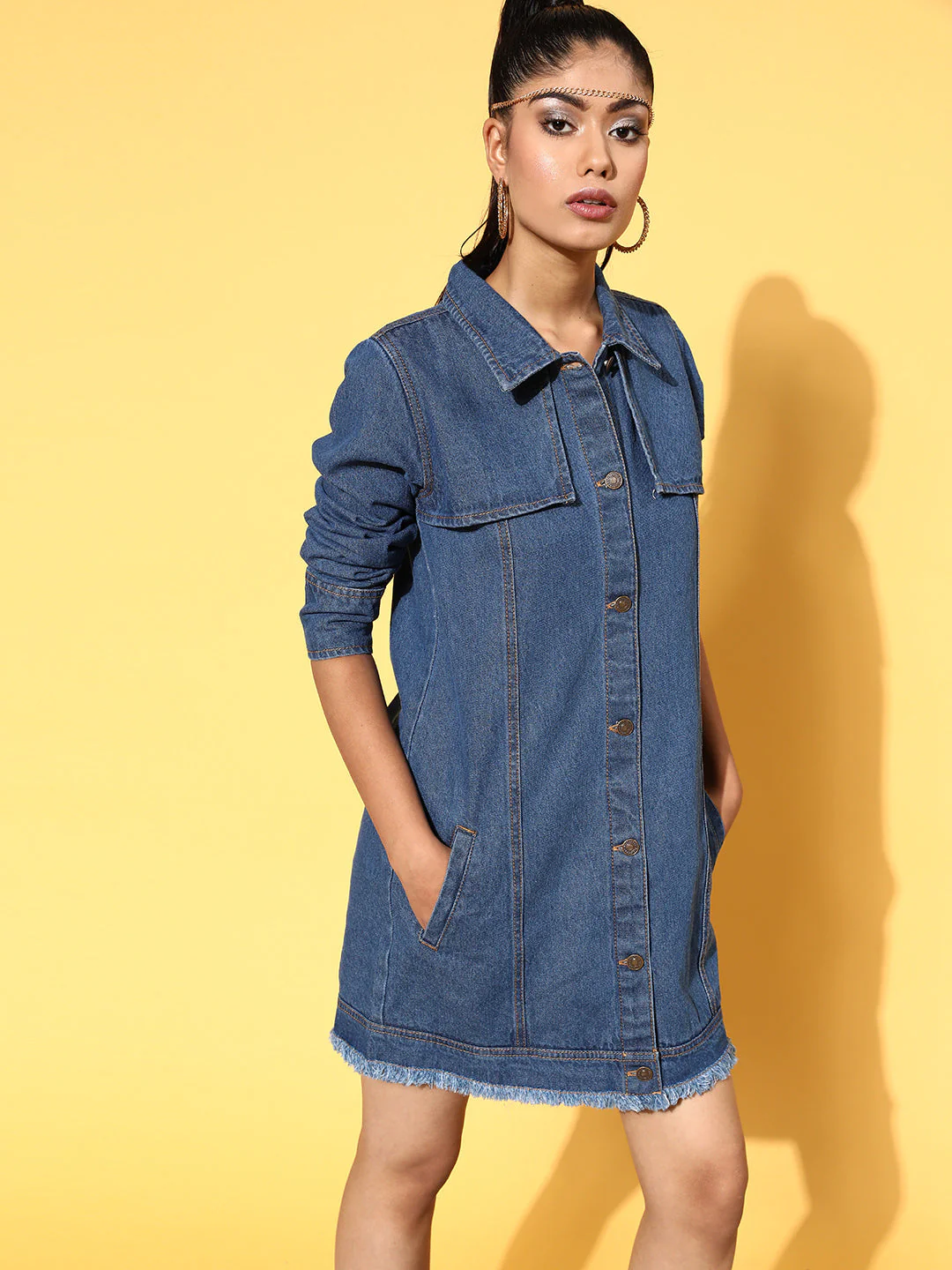 Women Blue Front Flap Denim Shirt Dress - Image 2