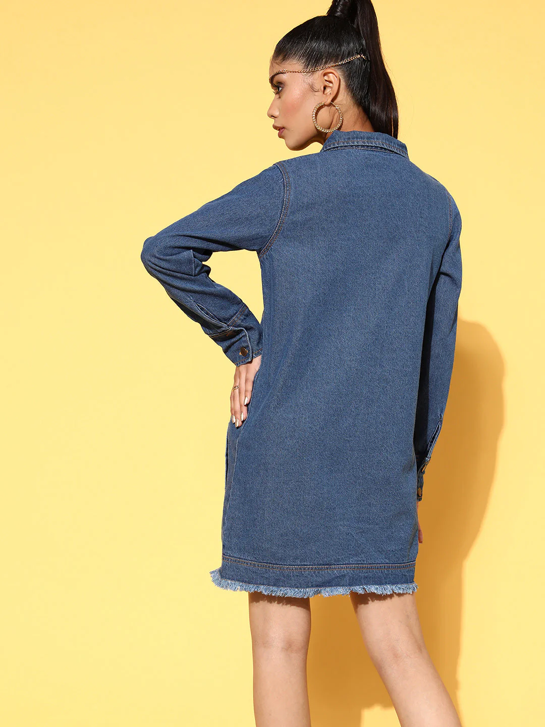 Women Blue Front Flap Denim Shirt Dress - Image 3
