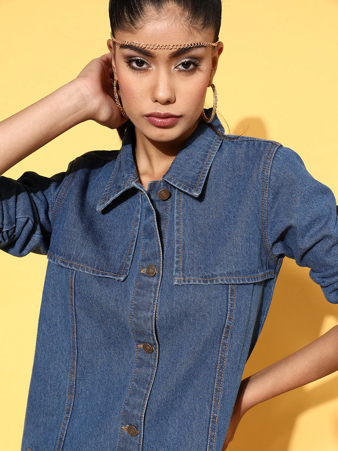 Women Blue Front Flap Denim Shirt Dress - Image 5