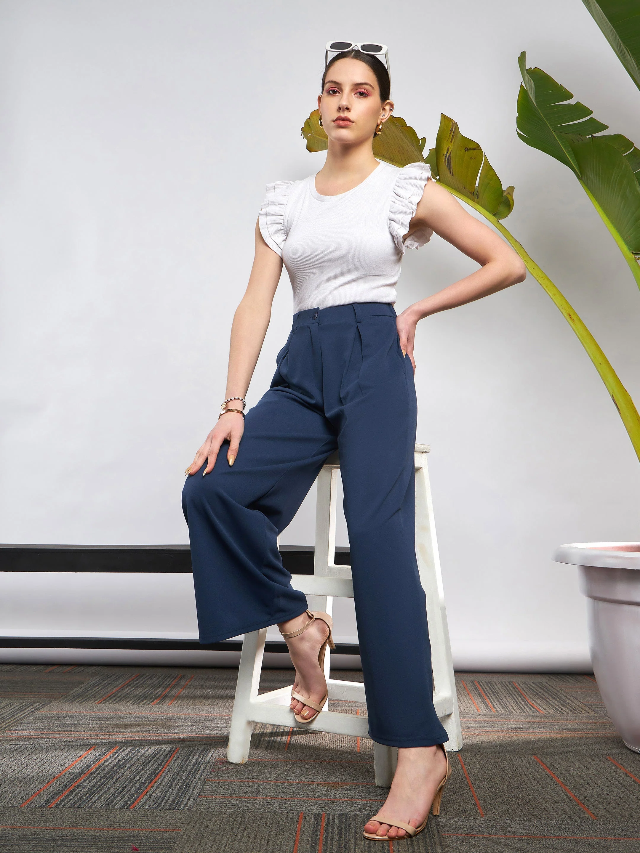 Women Blue Front Pleated Loose Fit Korean Pants - Image 2