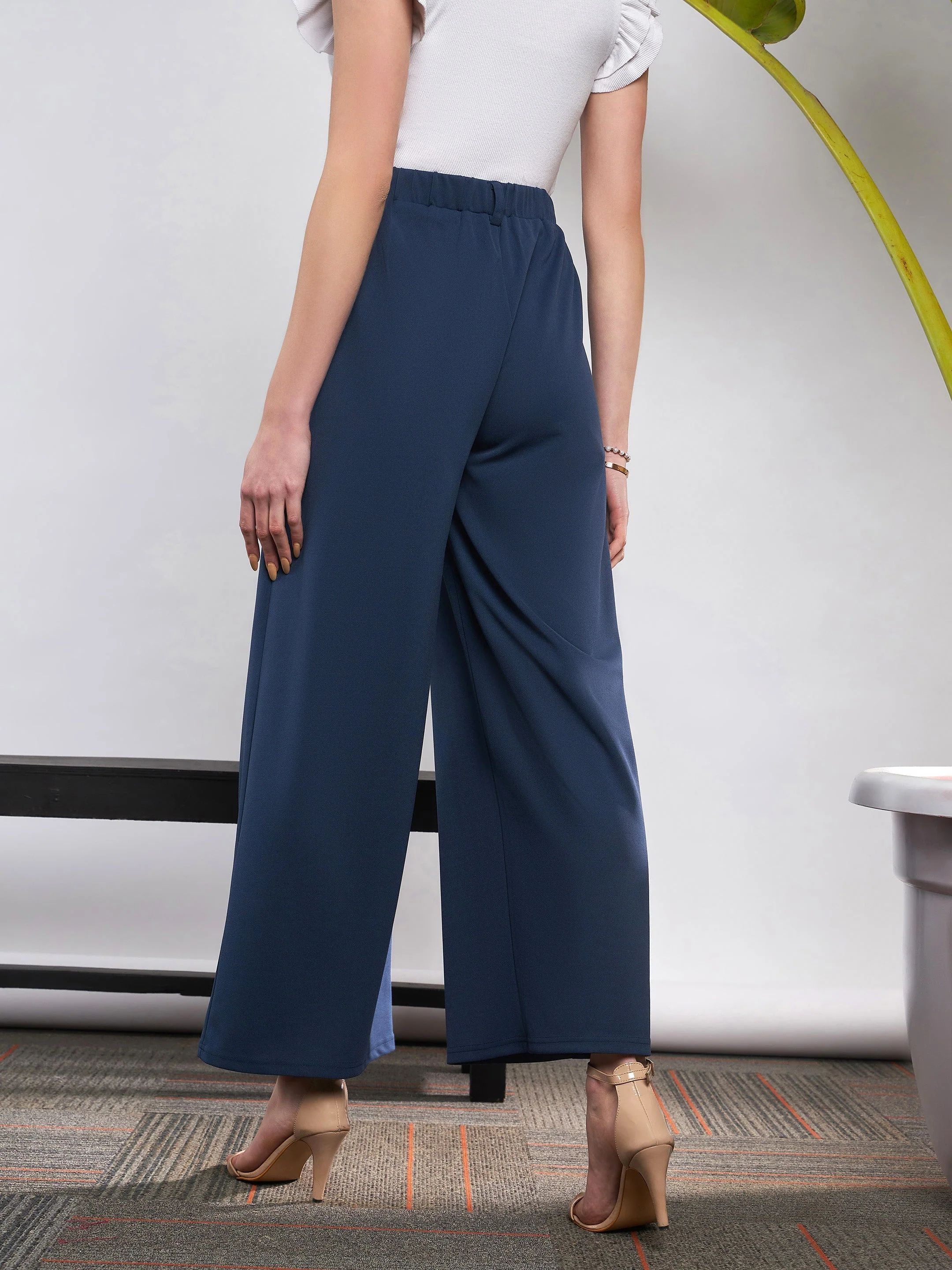 Women Blue Front Pleated Loose Fit Korean Pants - Image 3