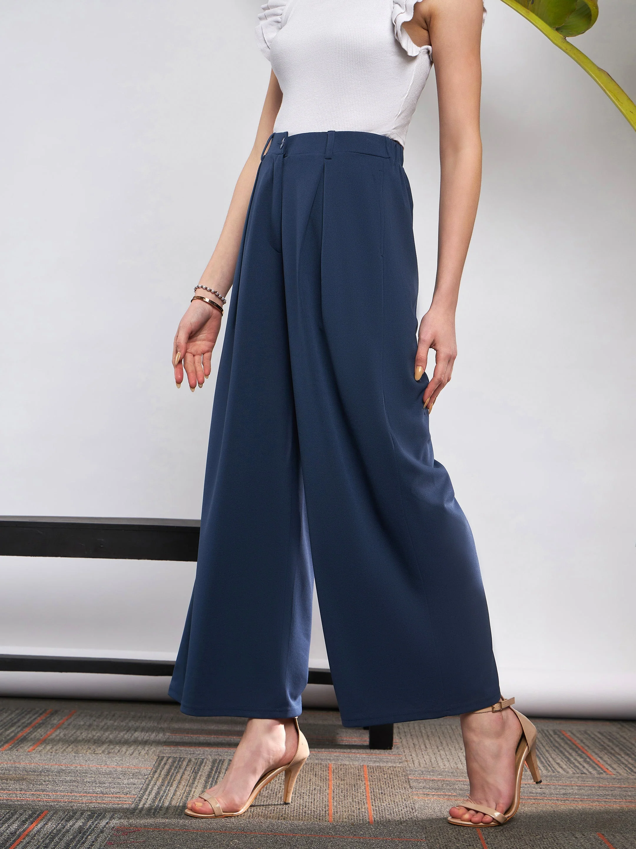 Women Blue Front Pleated Loose Fit Korean Pants - Image 5