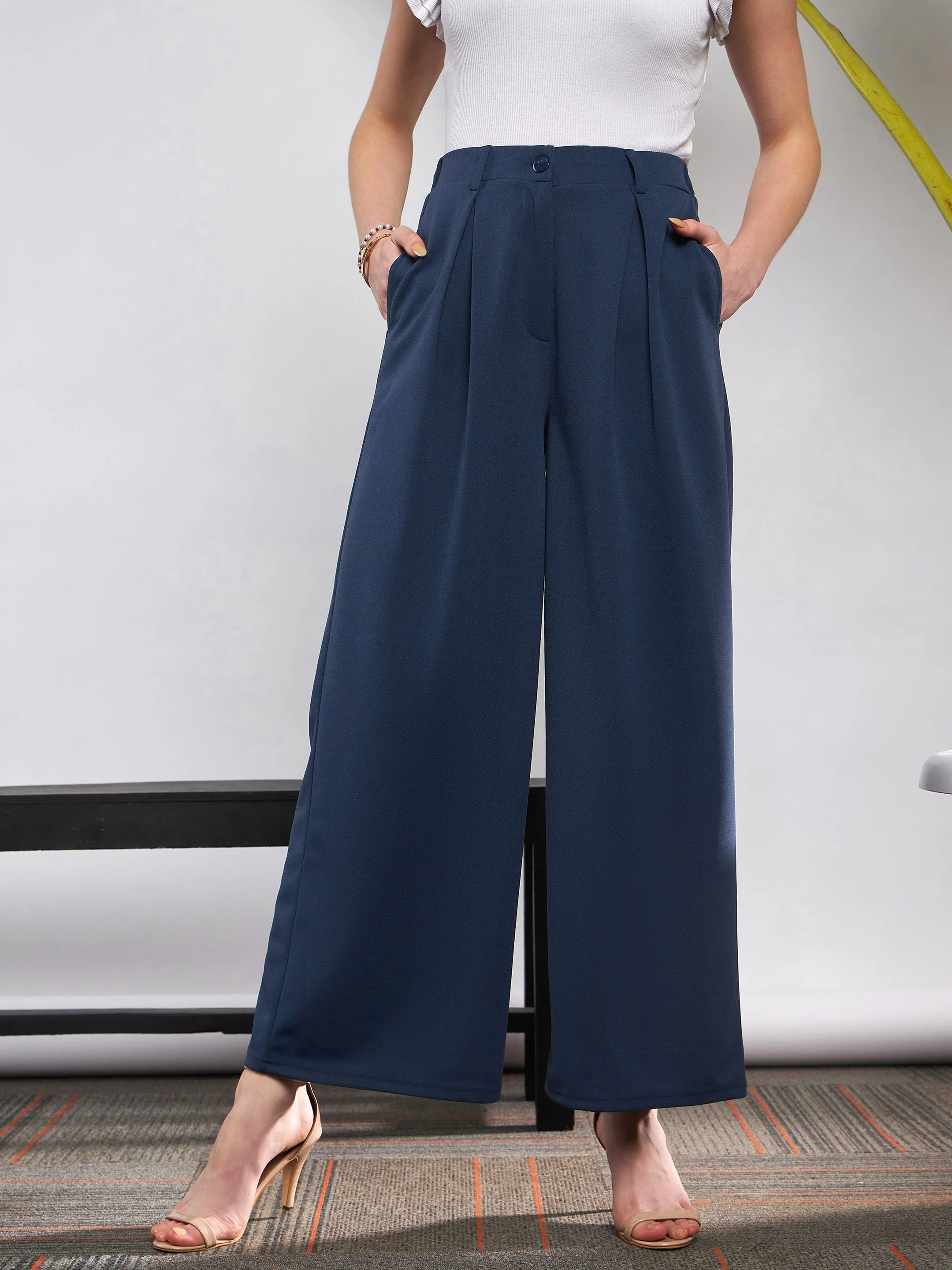 Women Blue Front Pleated Loose Fit Korean Pants - Image 6