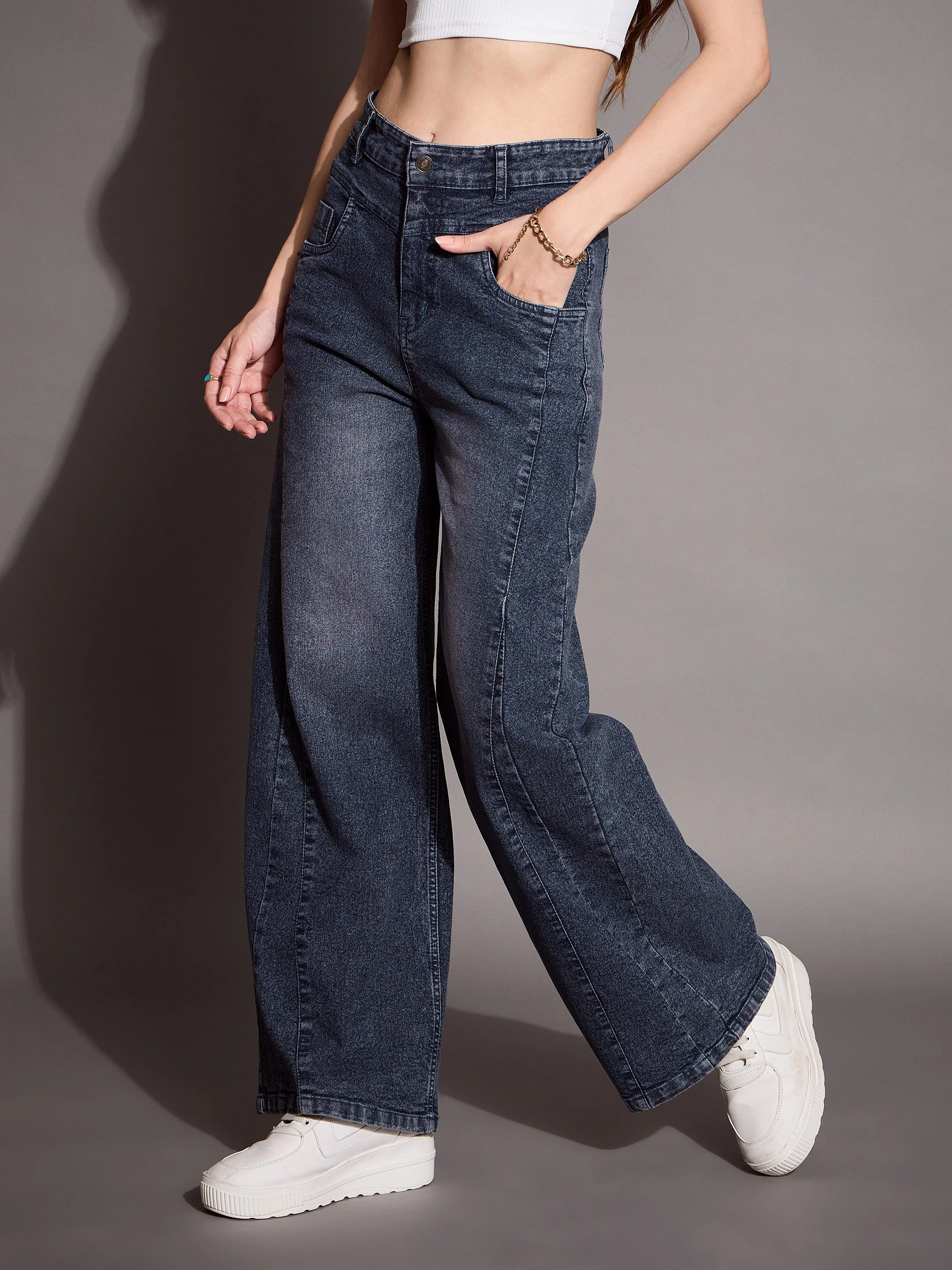 Women Blue Front Seam Straight Fit Jeans - Image 3