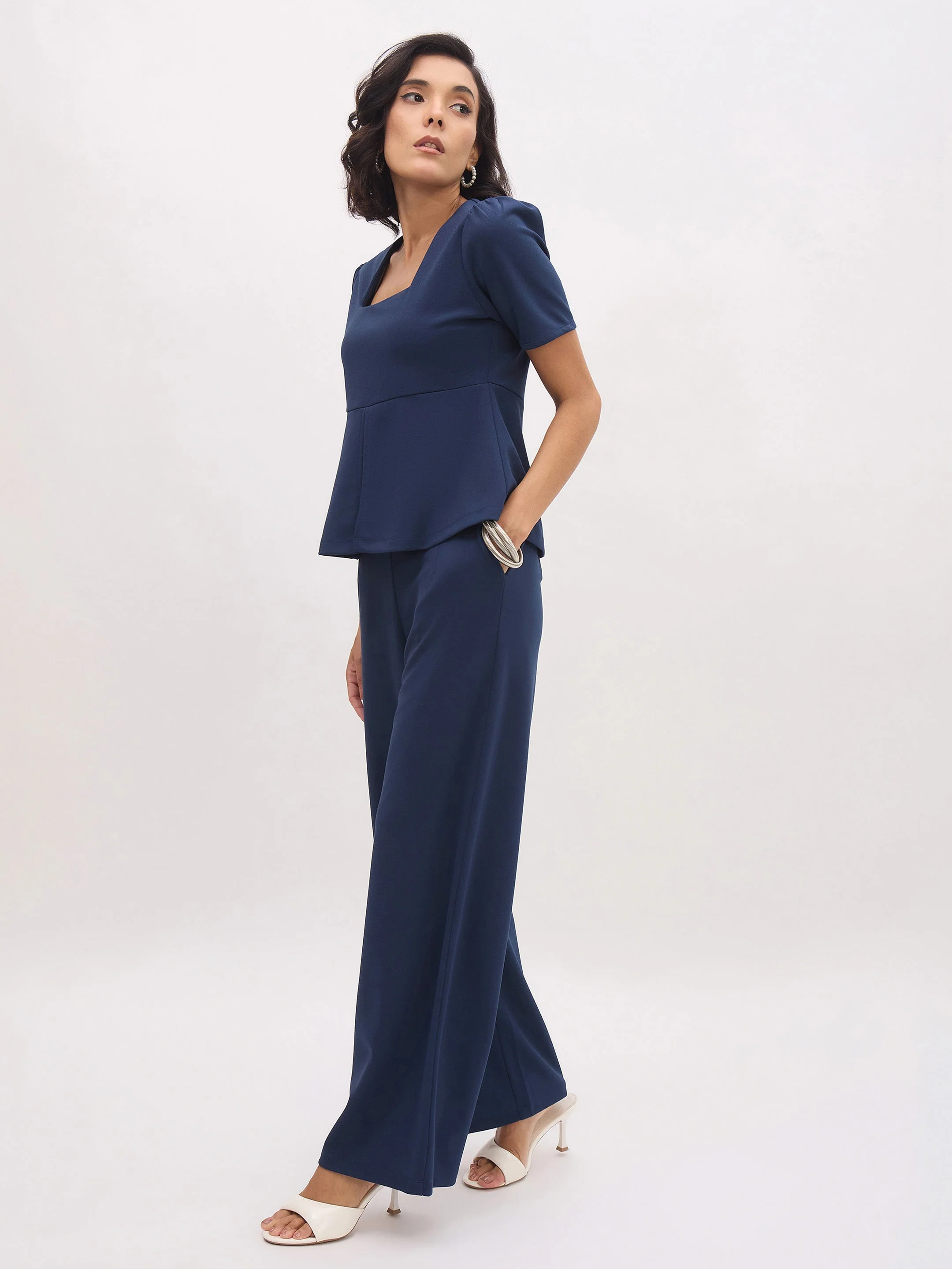 Women Blue Front Slit Top With Straight Pants - Image 4