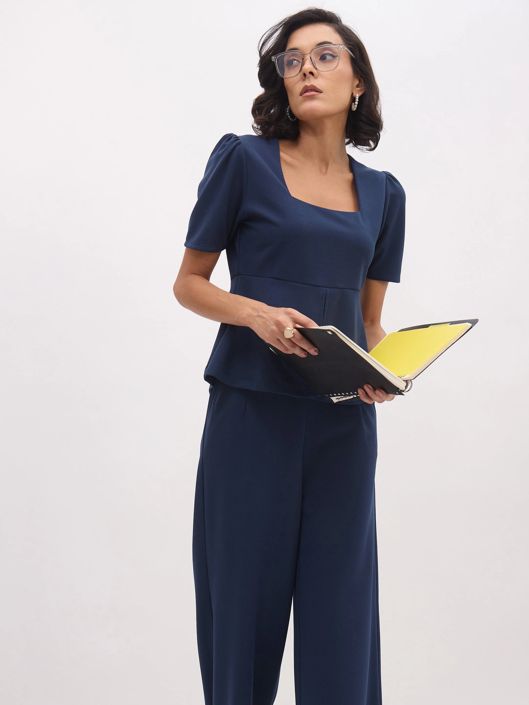 Women Blue Front Slit Top With Straight Pants - Image 5