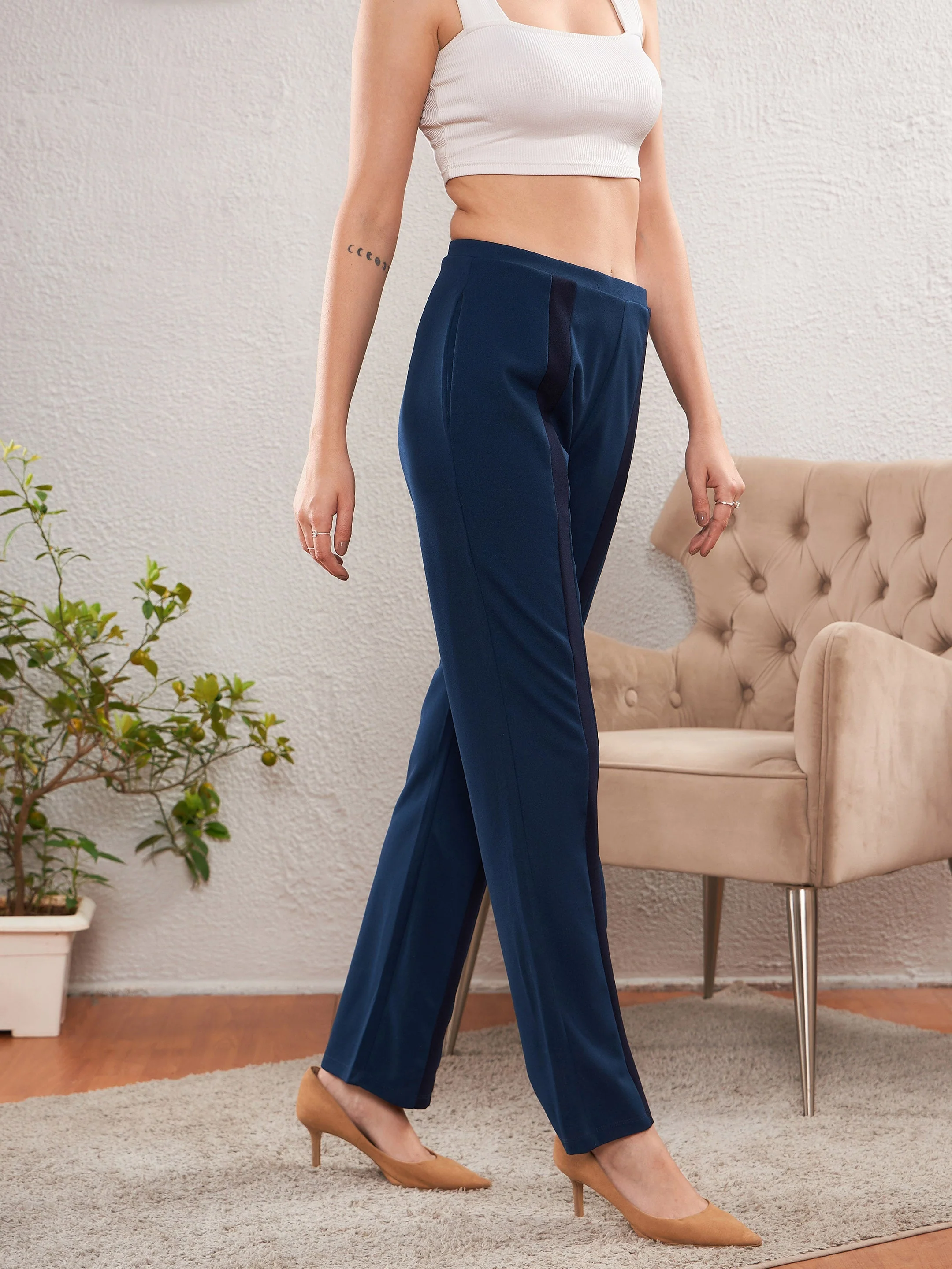 Women Blue Front Tape Bootleg Pants - Image 3