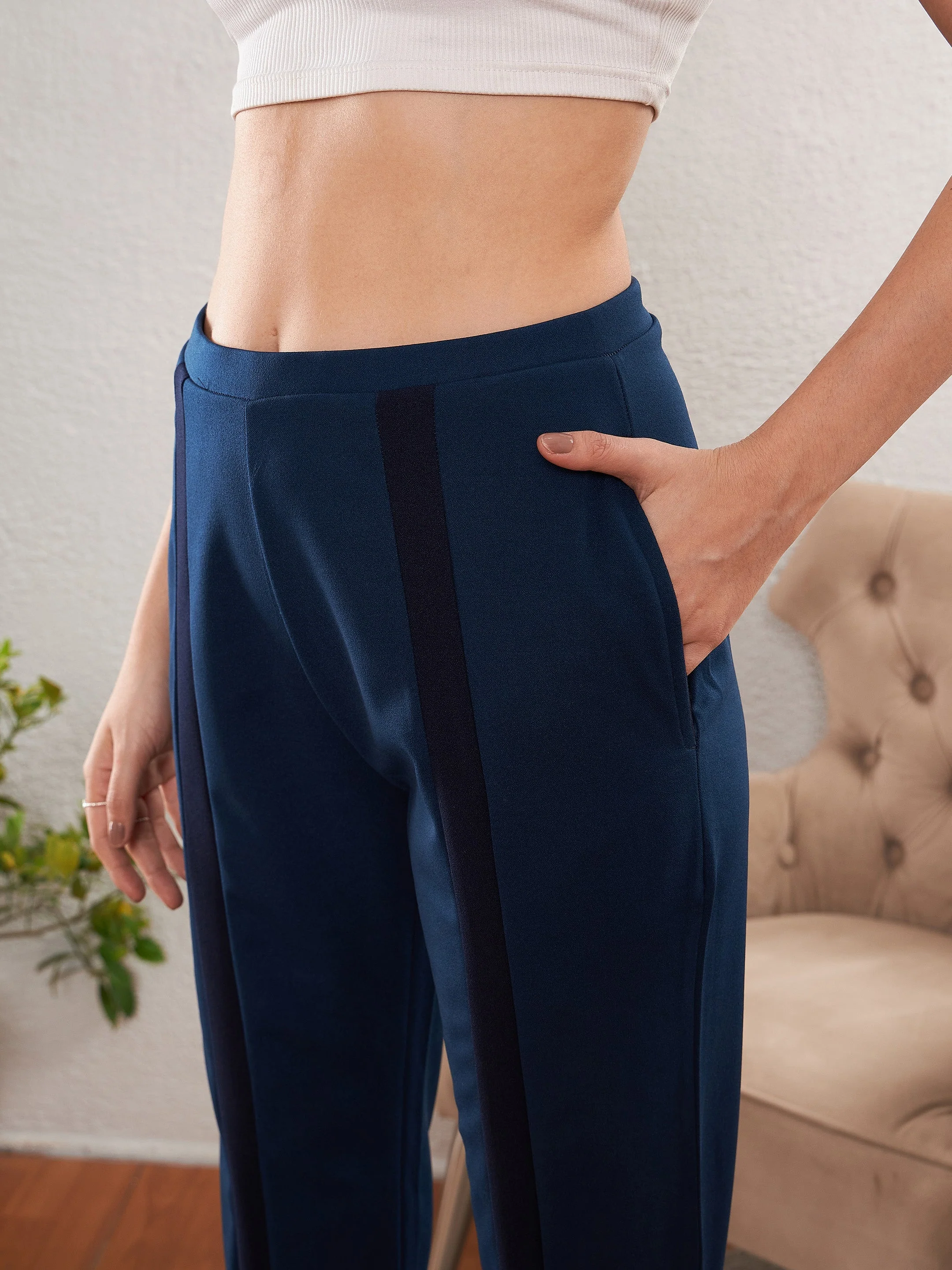 Women Blue Front Tape Bootleg Pants - Image 4