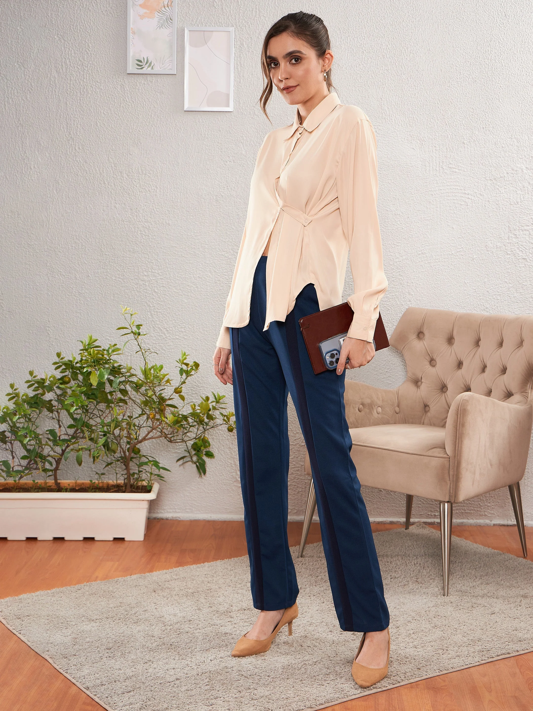 Women Blue Front Tape Bootleg Pants - Image 6