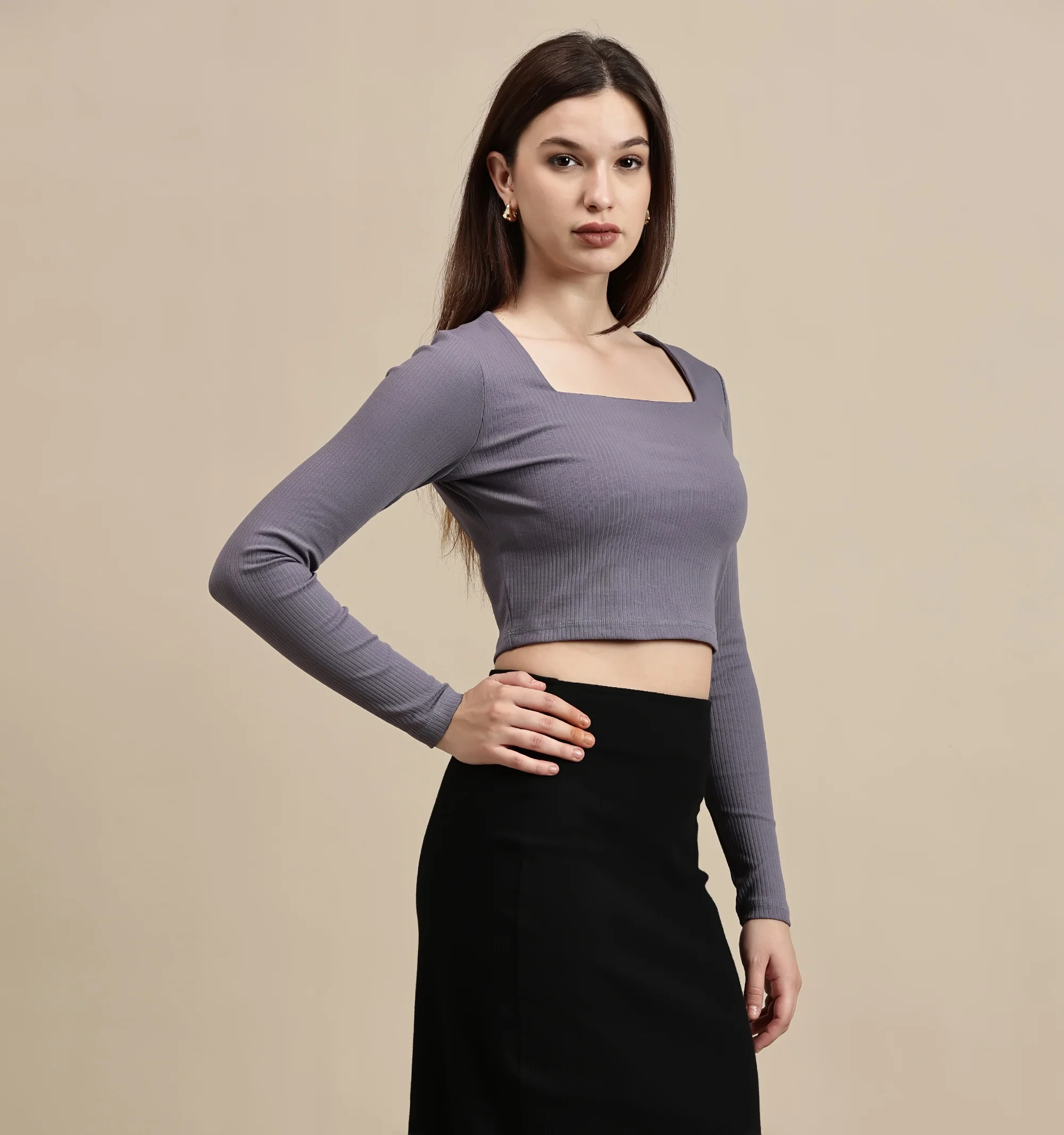 Women Blue Full Sleeve Crop Top - Image 2