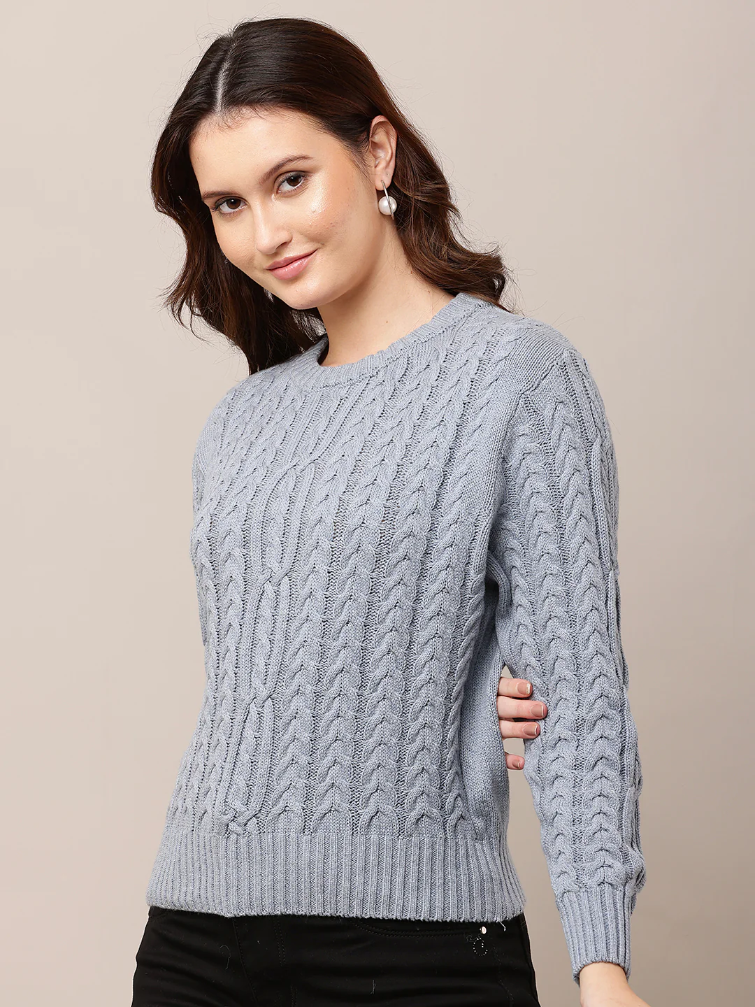 Women Blue Full Sleeve Round Neck Sweater - Image 2