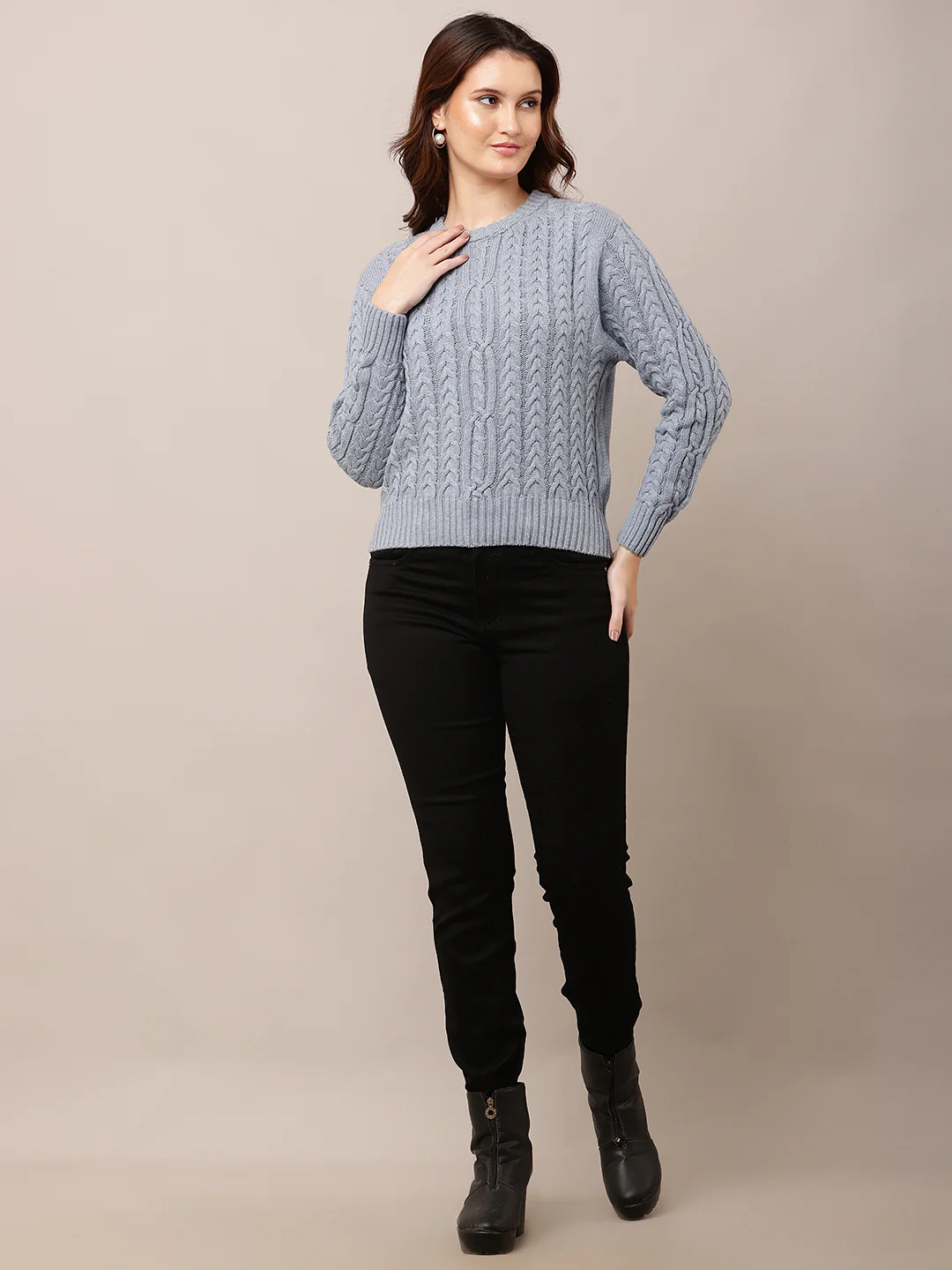 Women Blue Full Sleeve Round Neck Sweater - Image 3