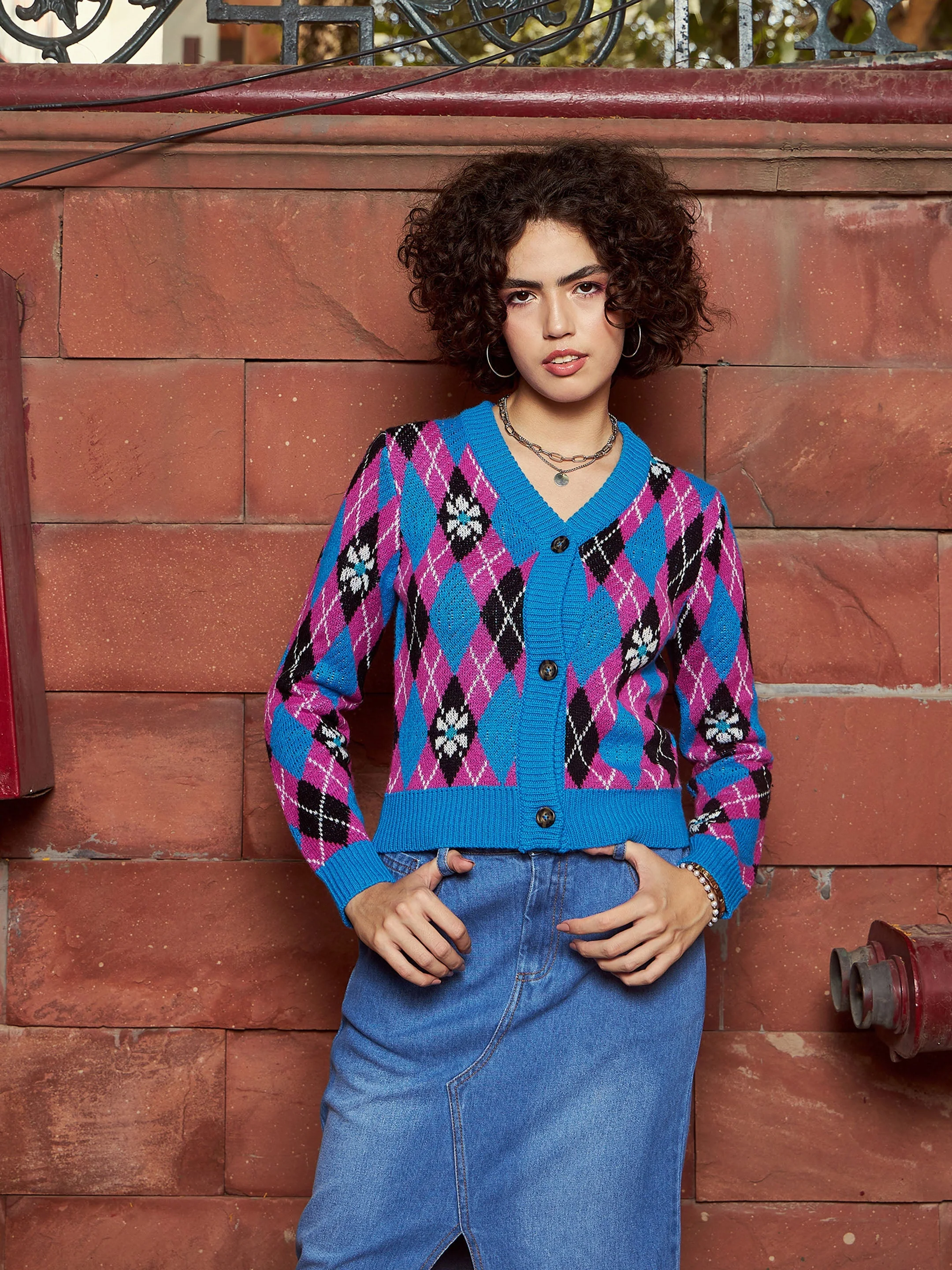 Women Blue Geometric Front Open Wool Cardigan - Image 2