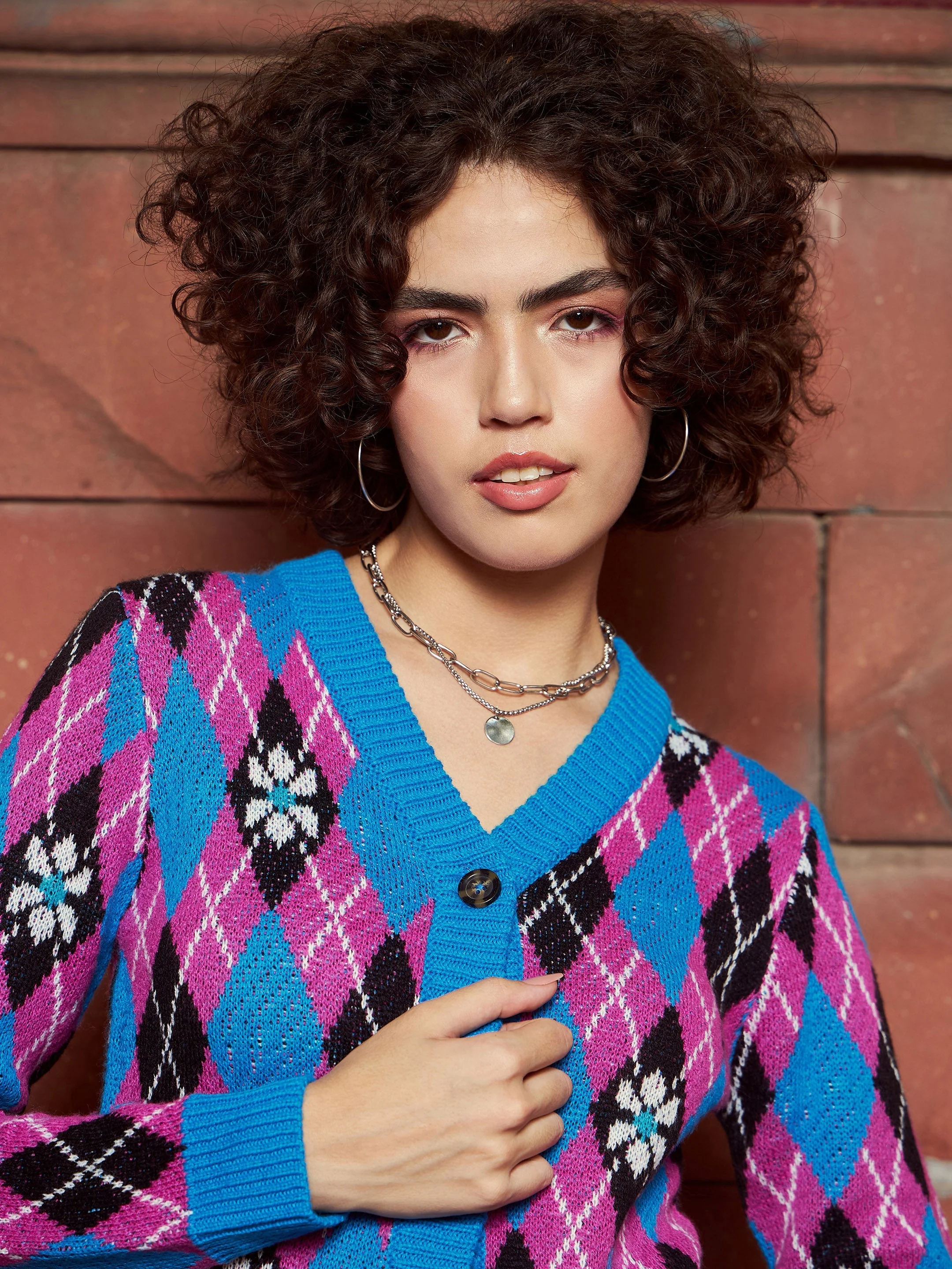 Women Blue Geometric Front Open Wool Cardigan - Image 4