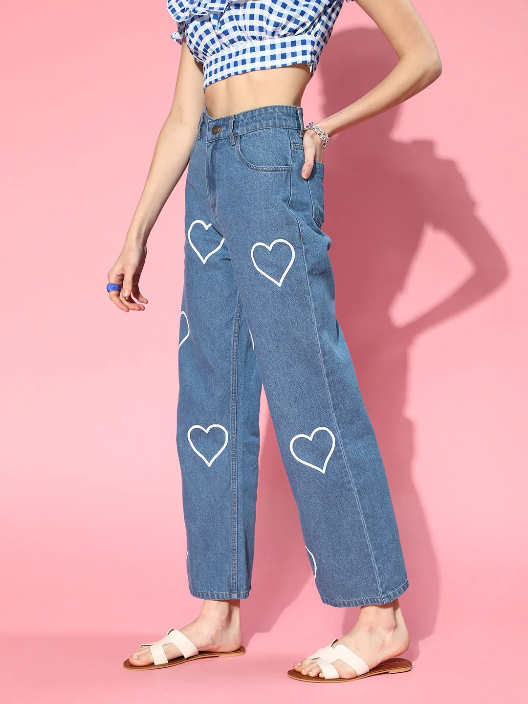 Women Blue Heart Printed Wide Leg Jeans - Image 2