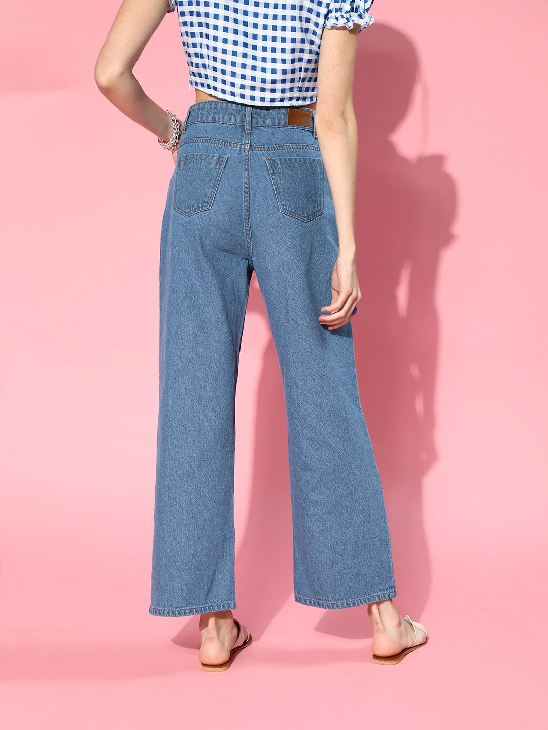 Women Blue Heart Printed Wide Leg Jeans - Image 3