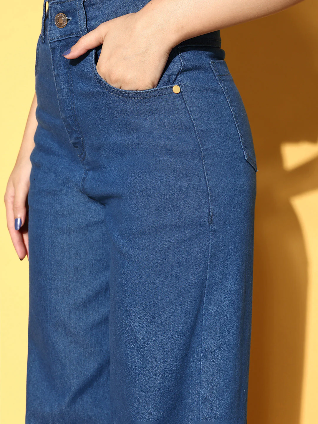 Women Blue Hem Pocket Stretch Straight Jeans - Image 5