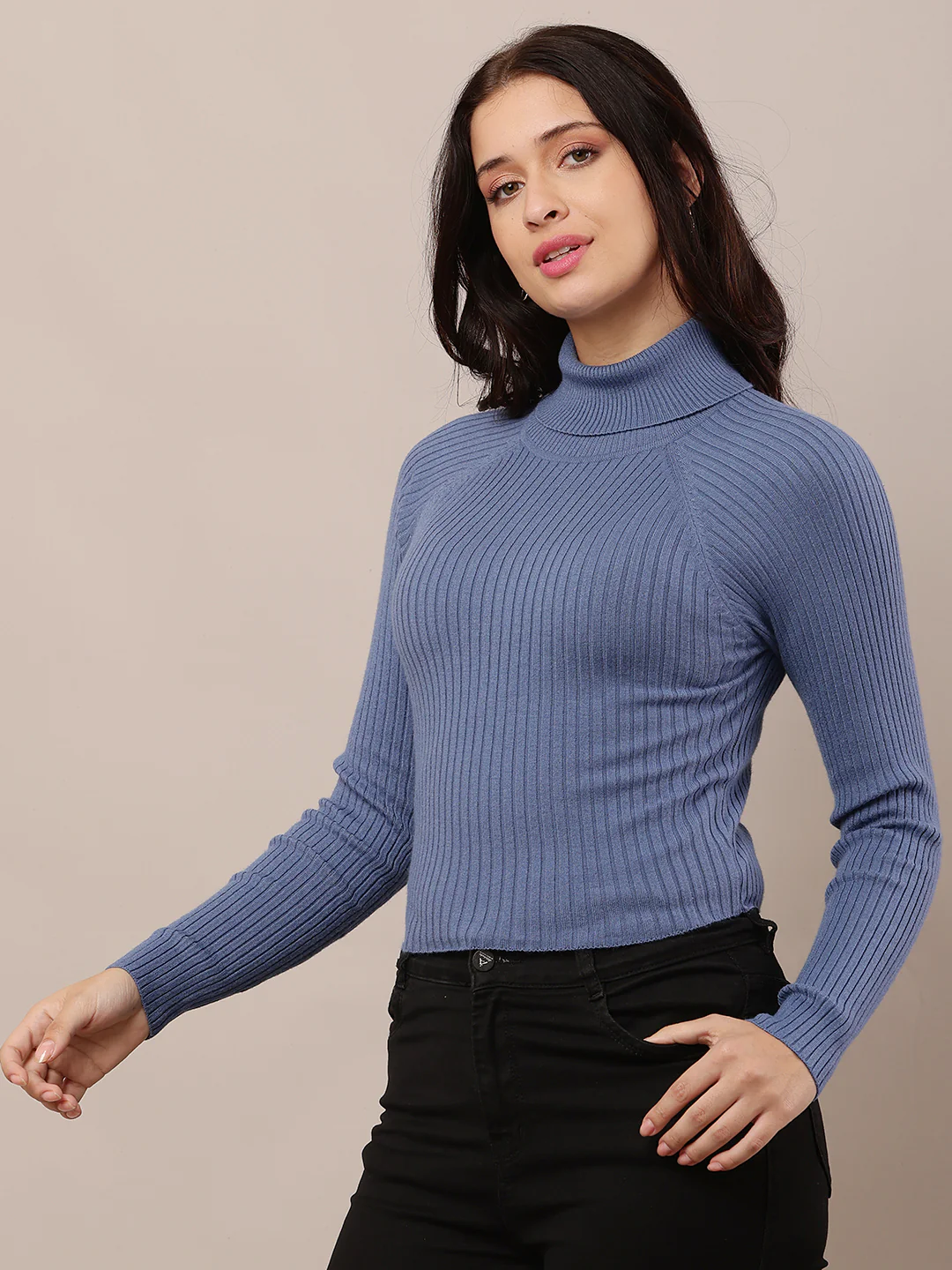 Women Blue High-Neck Ribbed Sweater - Image 2