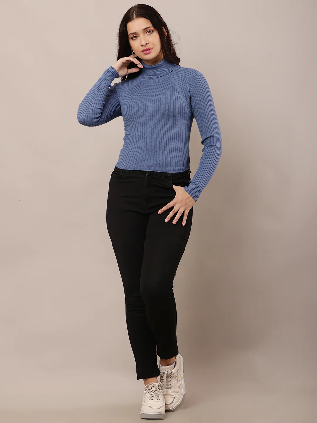 Women Blue High-Neck Ribbed Sweater - Image 3