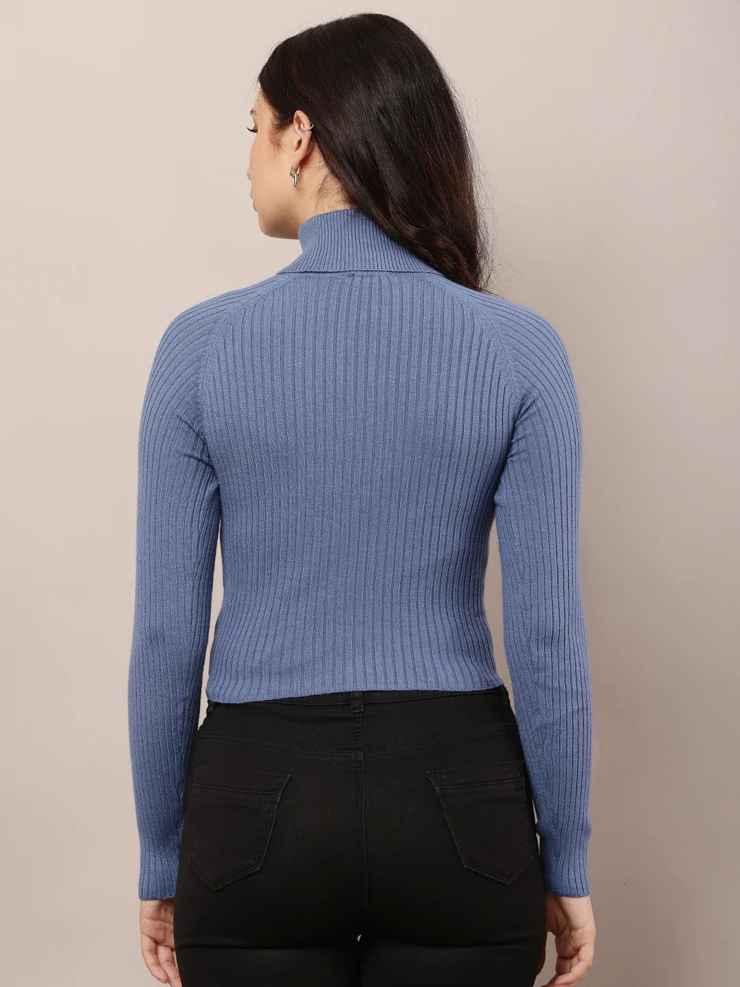 Women Blue High-Neck Ribbed Sweater - Image 4