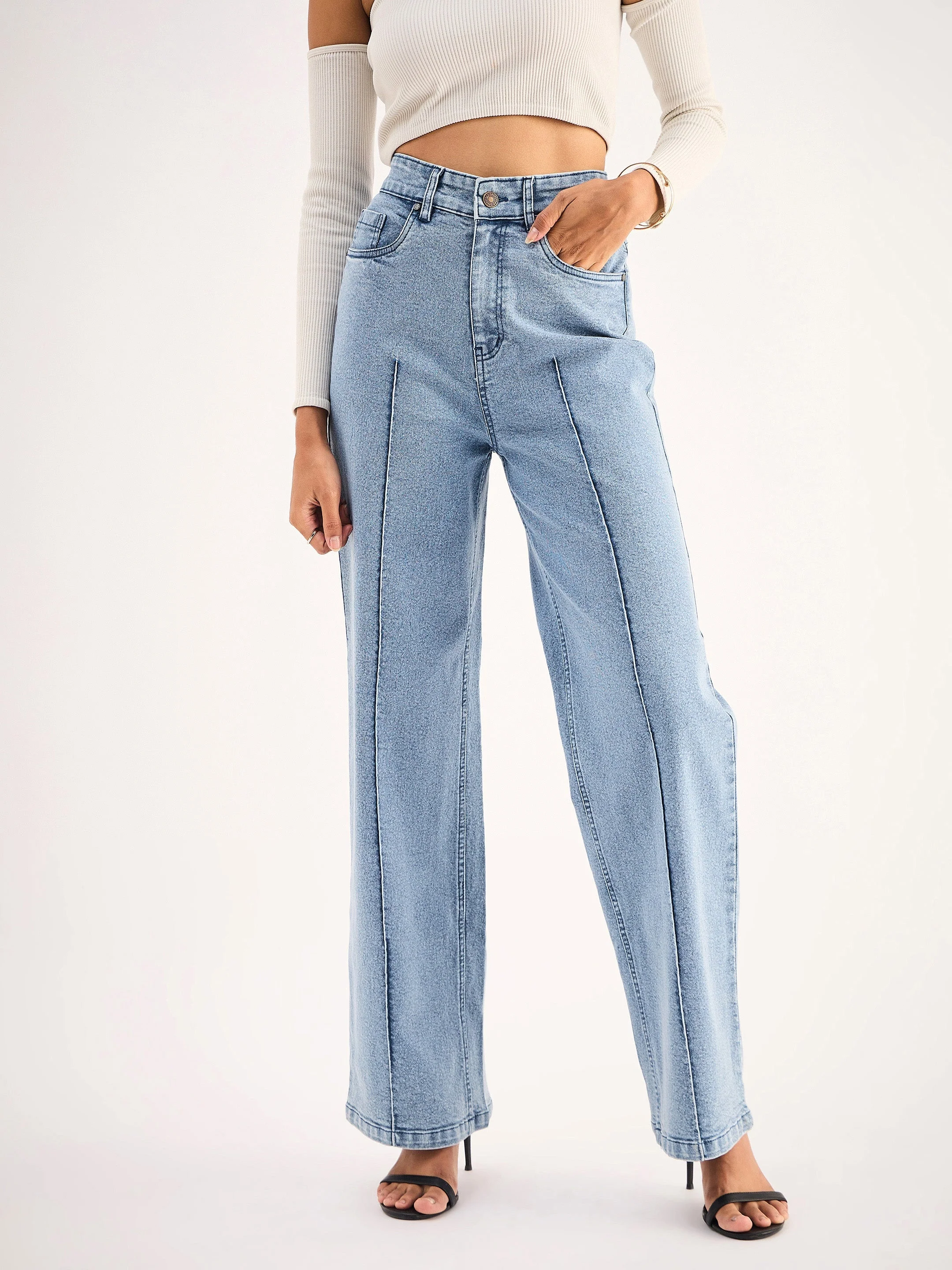 Women Blue High Waist Front Dart Straight Jeans - Image 2