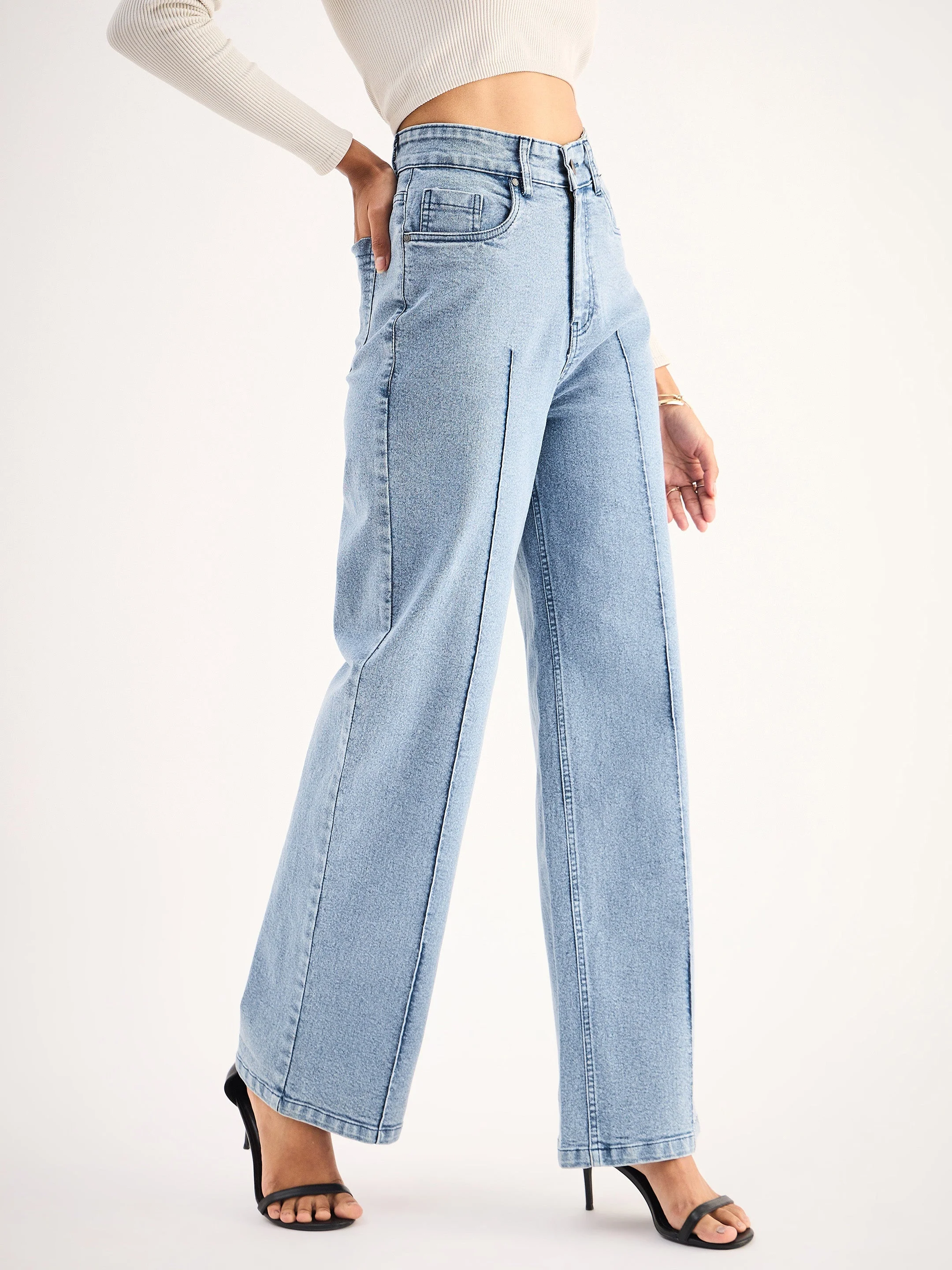 Women Blue High Waist Front Dart Straight Jeans - Image 3