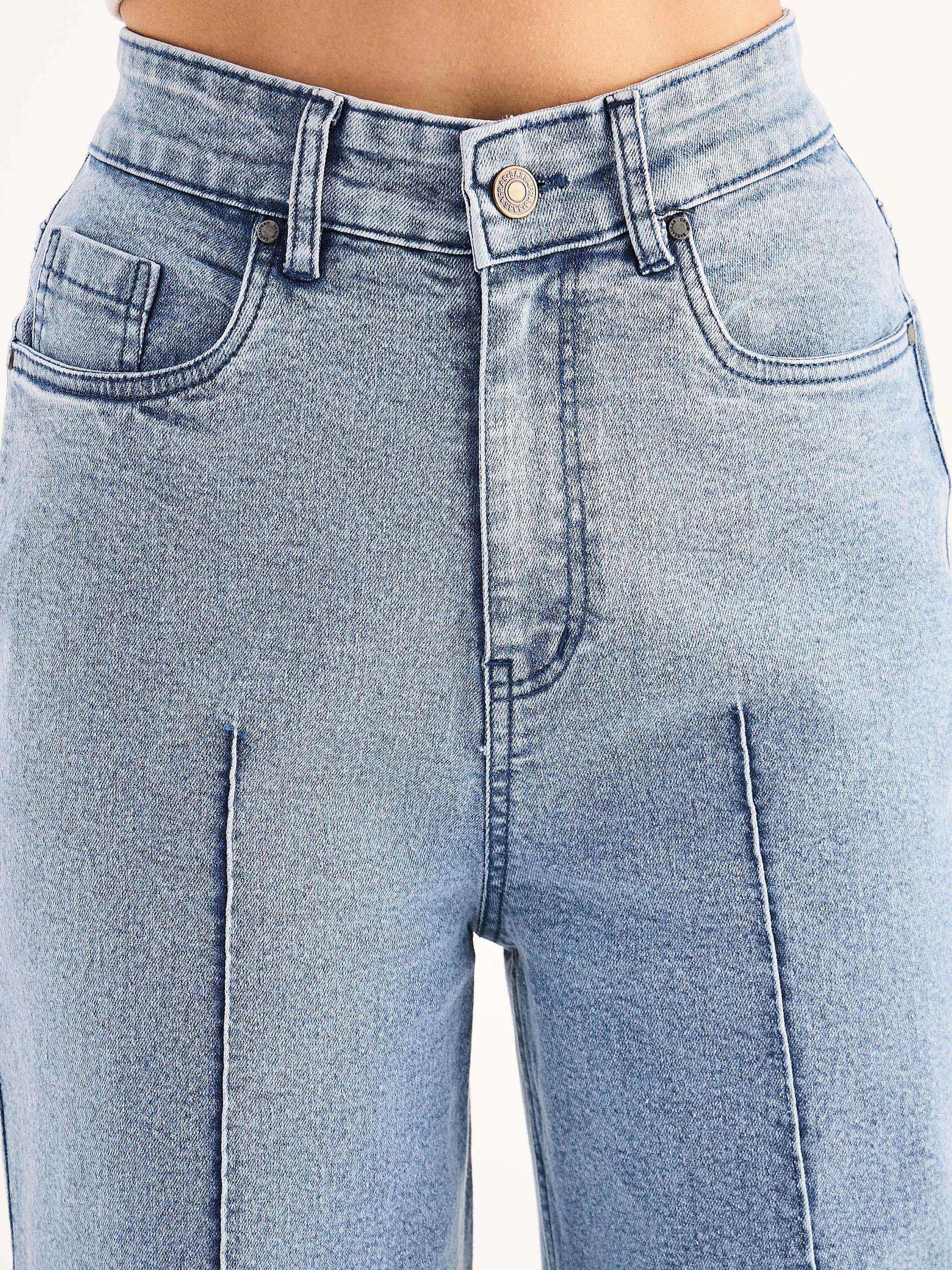 Women Blue High Waist Front Dart Straight Jeans - Image 4