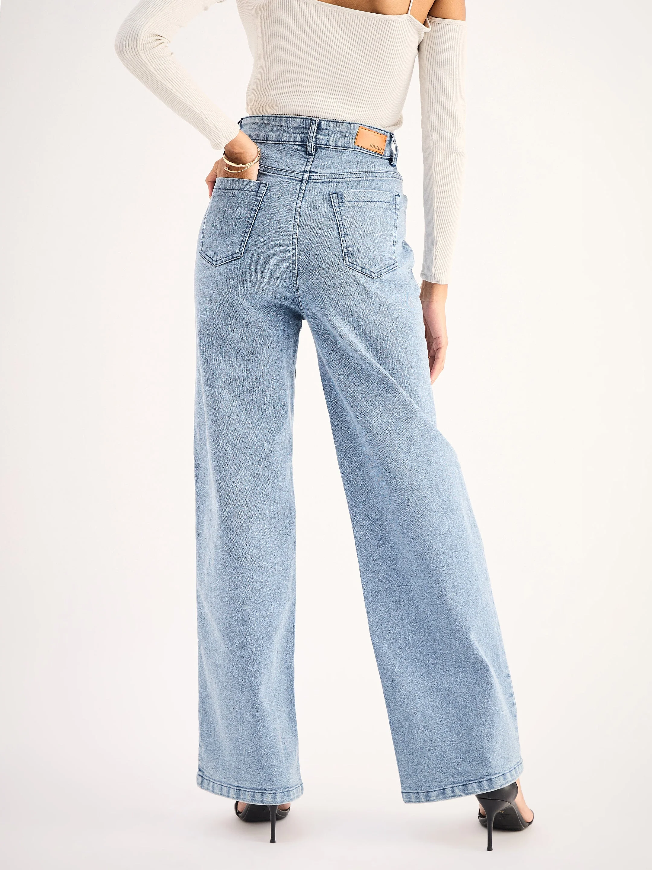 Women Blue High Waist Front Dart Straight Jeans - Image 5