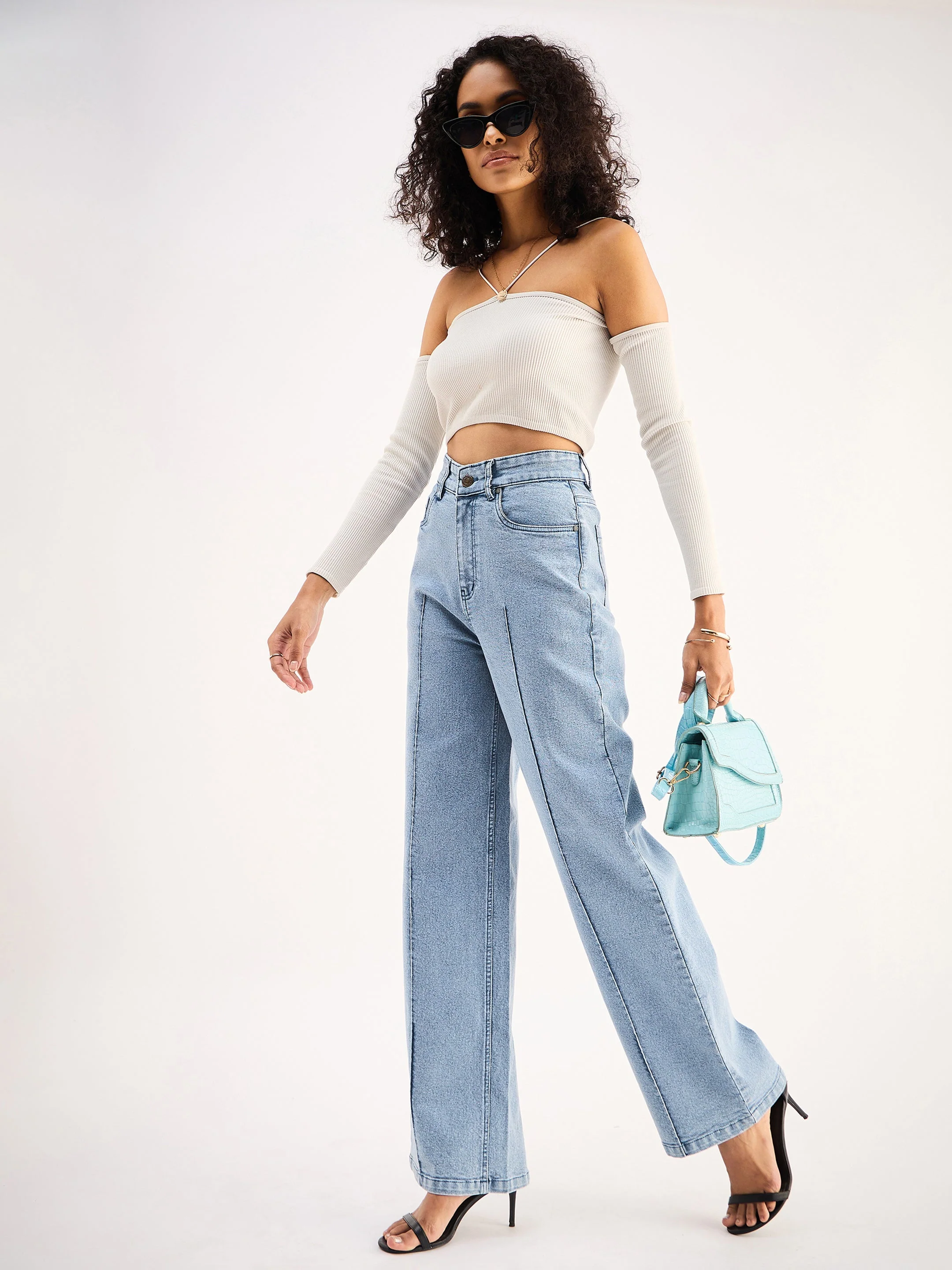 Women Blue High Waist Front Dart Straight Jeans - Image 6