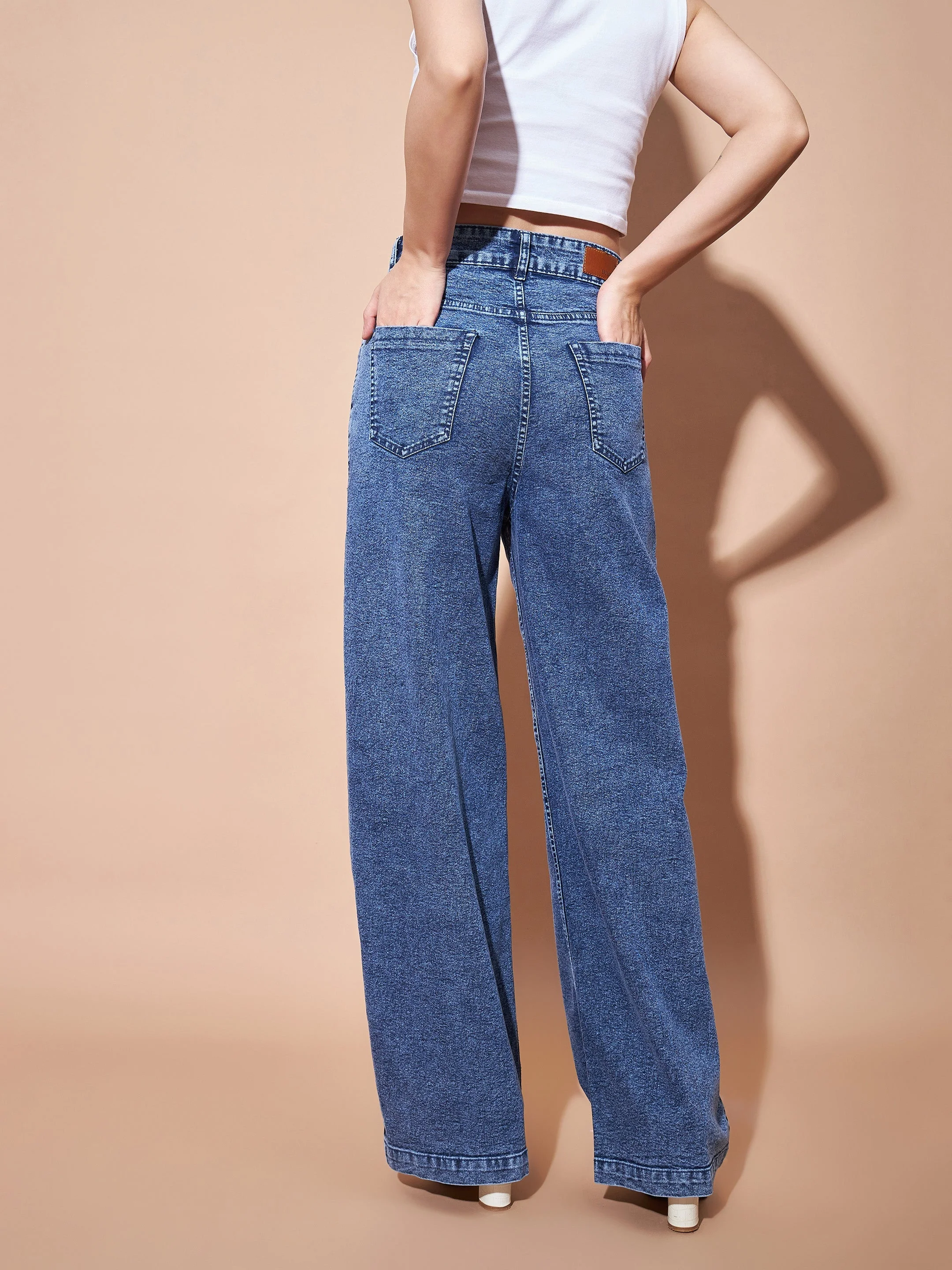 Women Blue High Waist Seam Detail Straight Jeans - Image 2
