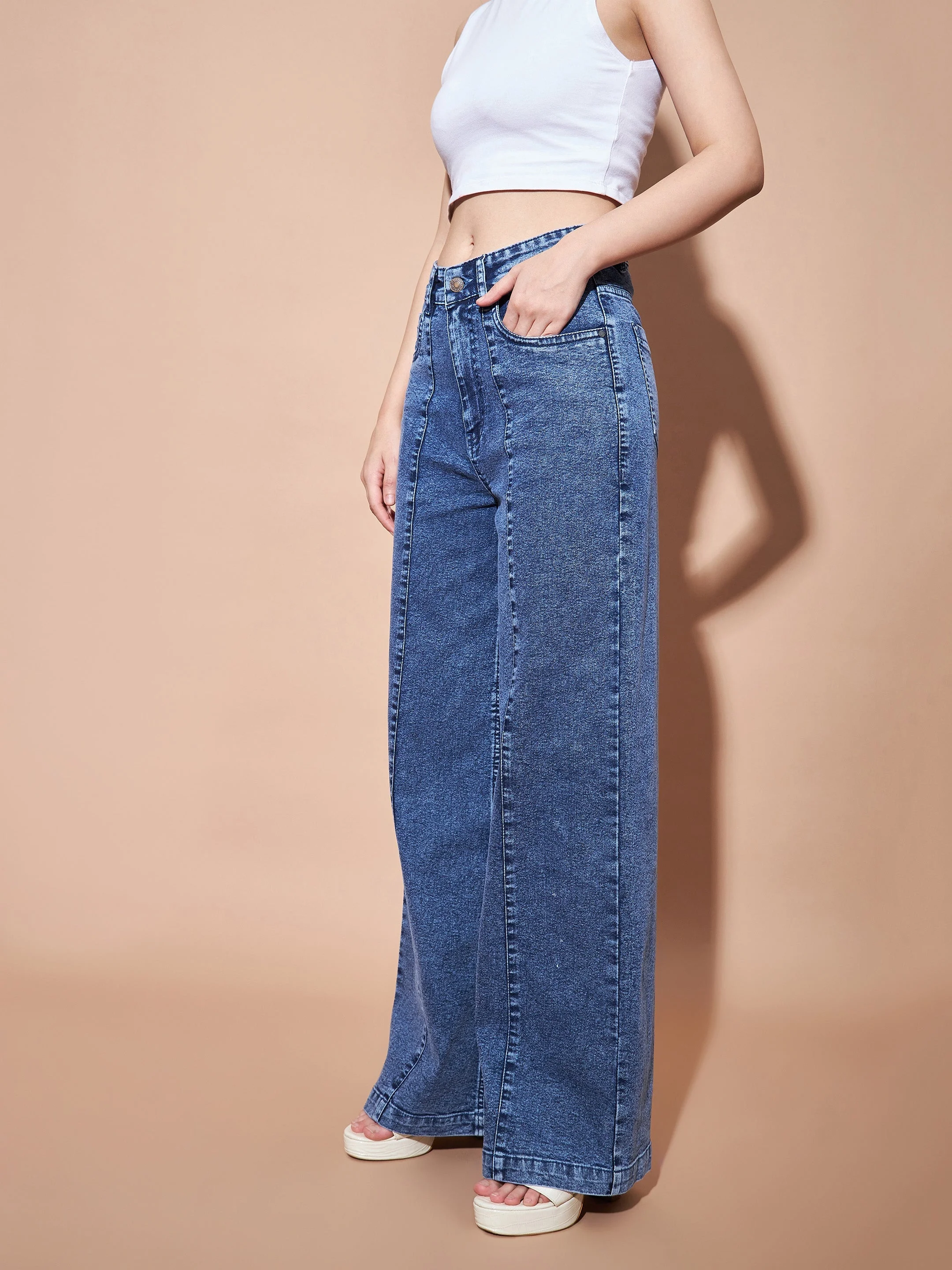 Women Blue High Waist Seam Detail Straight Jeans - Image 4