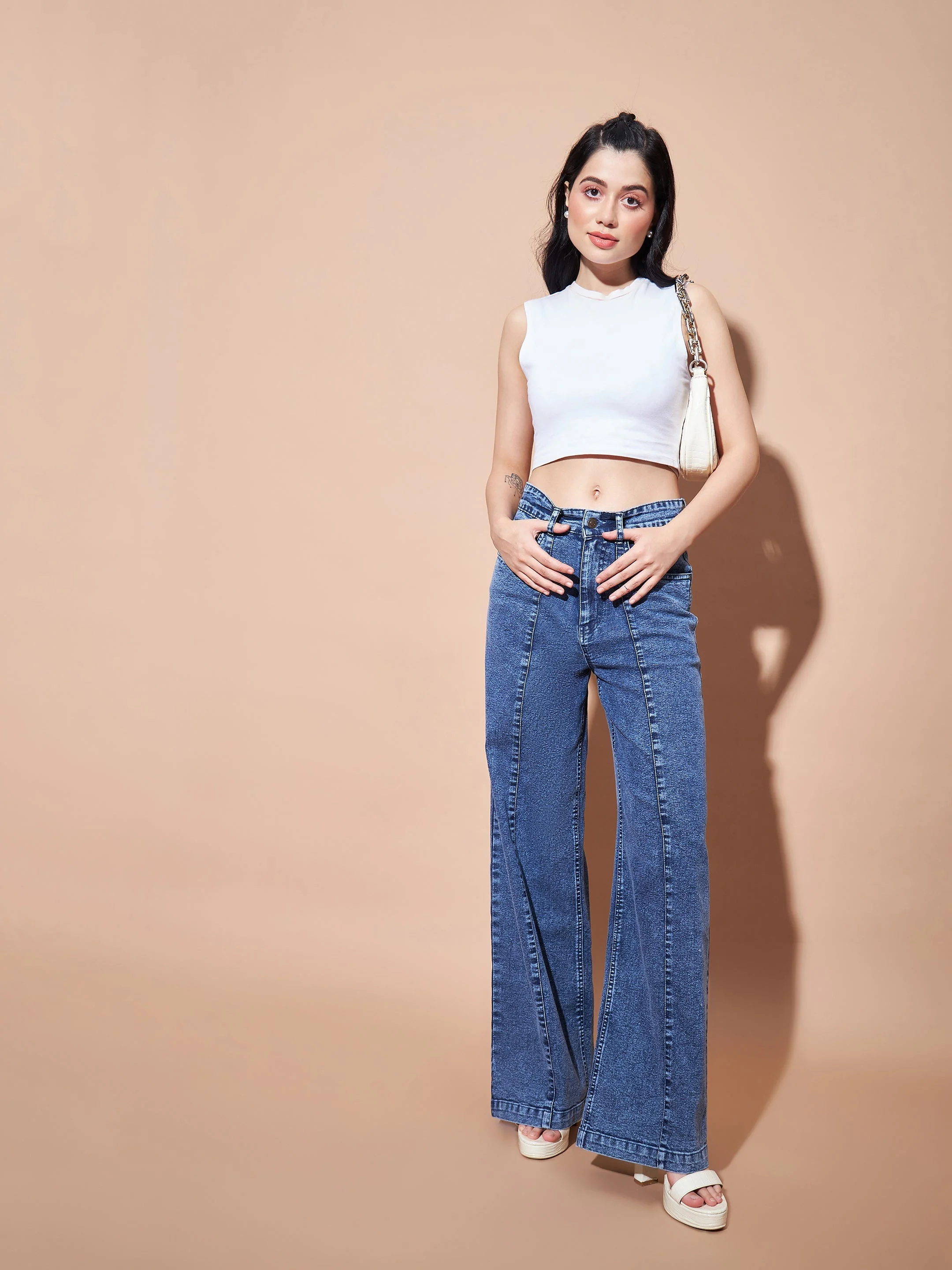 Women Blue High Waist Seam Detail Straight Jeans - Image 6