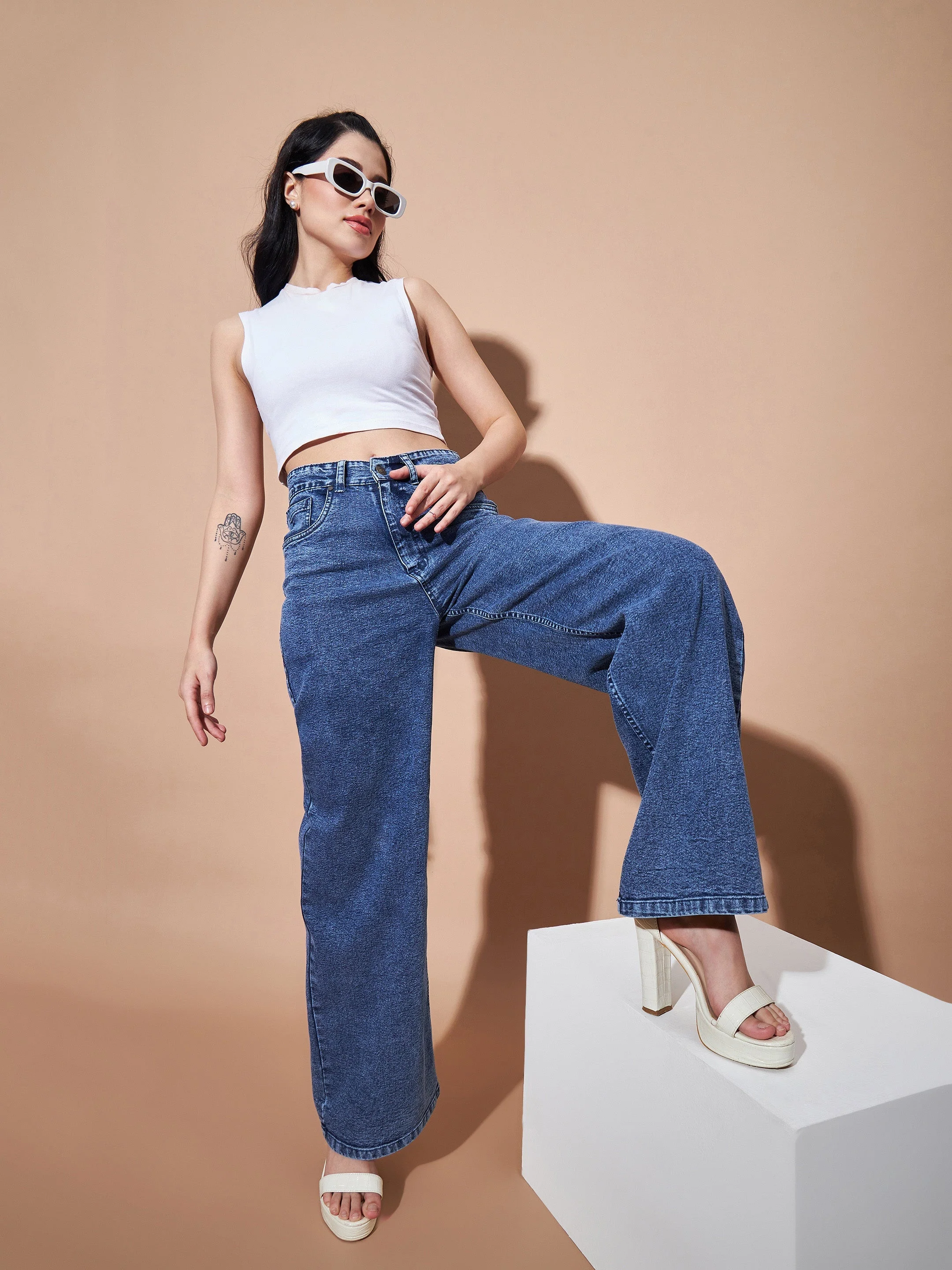 Women Blue High Waist Straight Jeans - Image 4