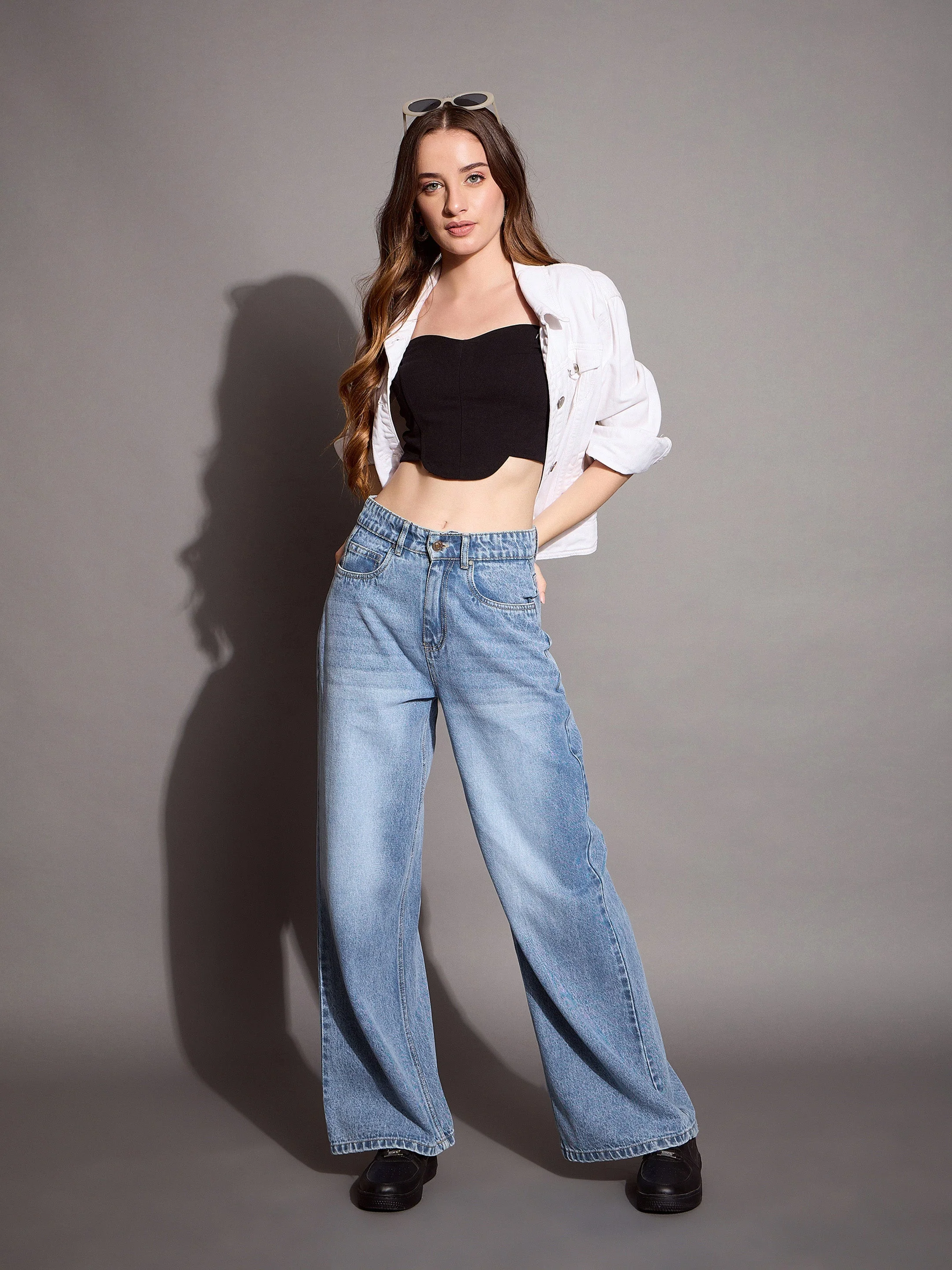 Women Blue High Waist Wide Leg Jeans - Image 2