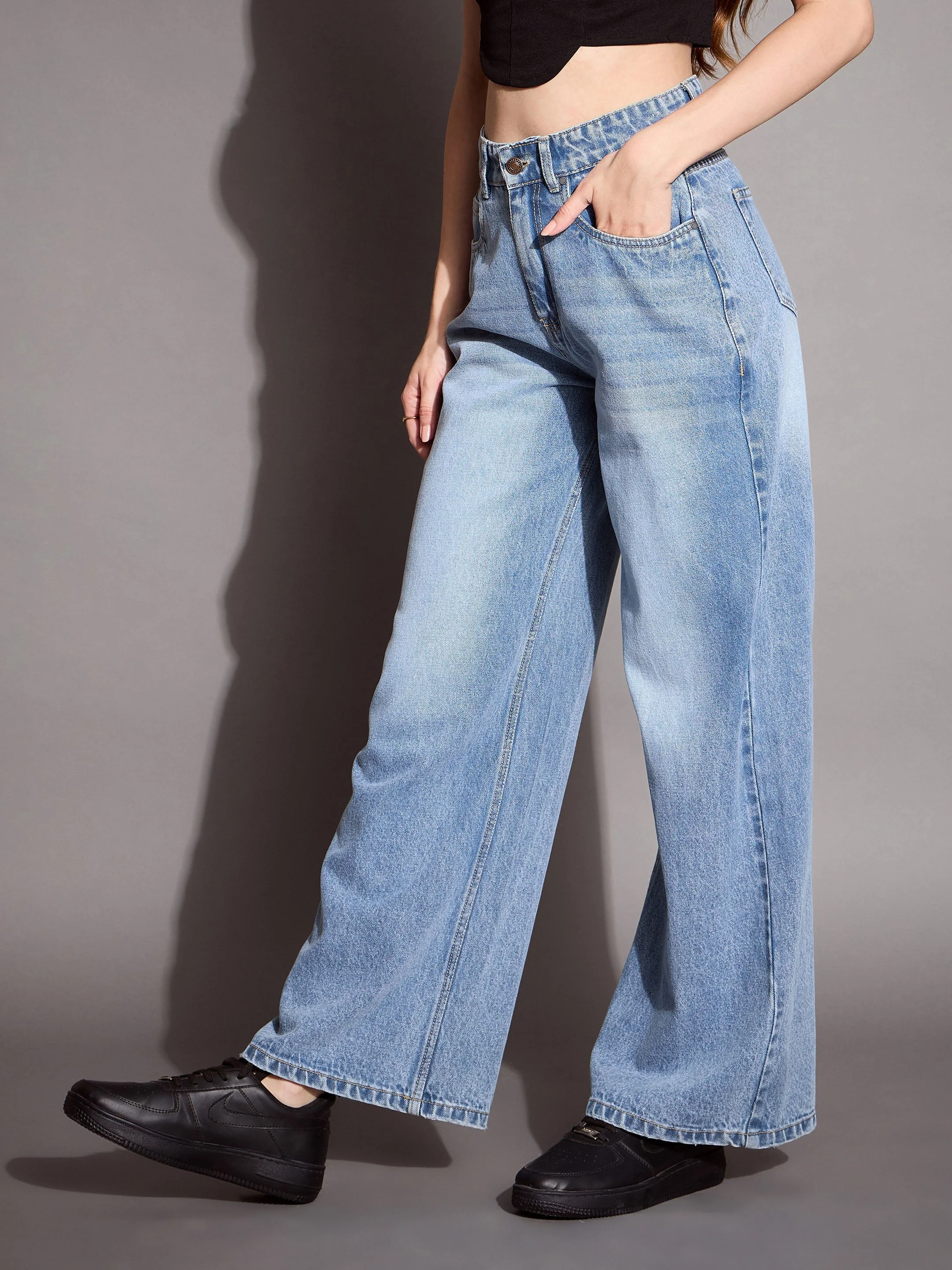 Women Blue High Waist Wide Leg Jeans - Image 3